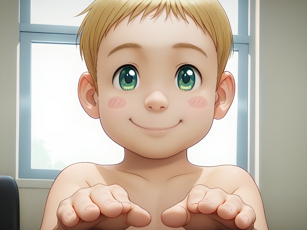 <lora:Gawain_XL_V2:1>,gawain nanami,do not split pictures,best quality,best detail,masterpiece,NSFW,male focus,indoors,solo,1boy,toddler,male_child,petite,blonde hair,green eyes,very short hair,smile,blush stickers,(blush:0.5),perfect hands,(5fingers:1.3),correct anatomy,huge filesize,available light,mid_shot,(photorealistic:1.1),