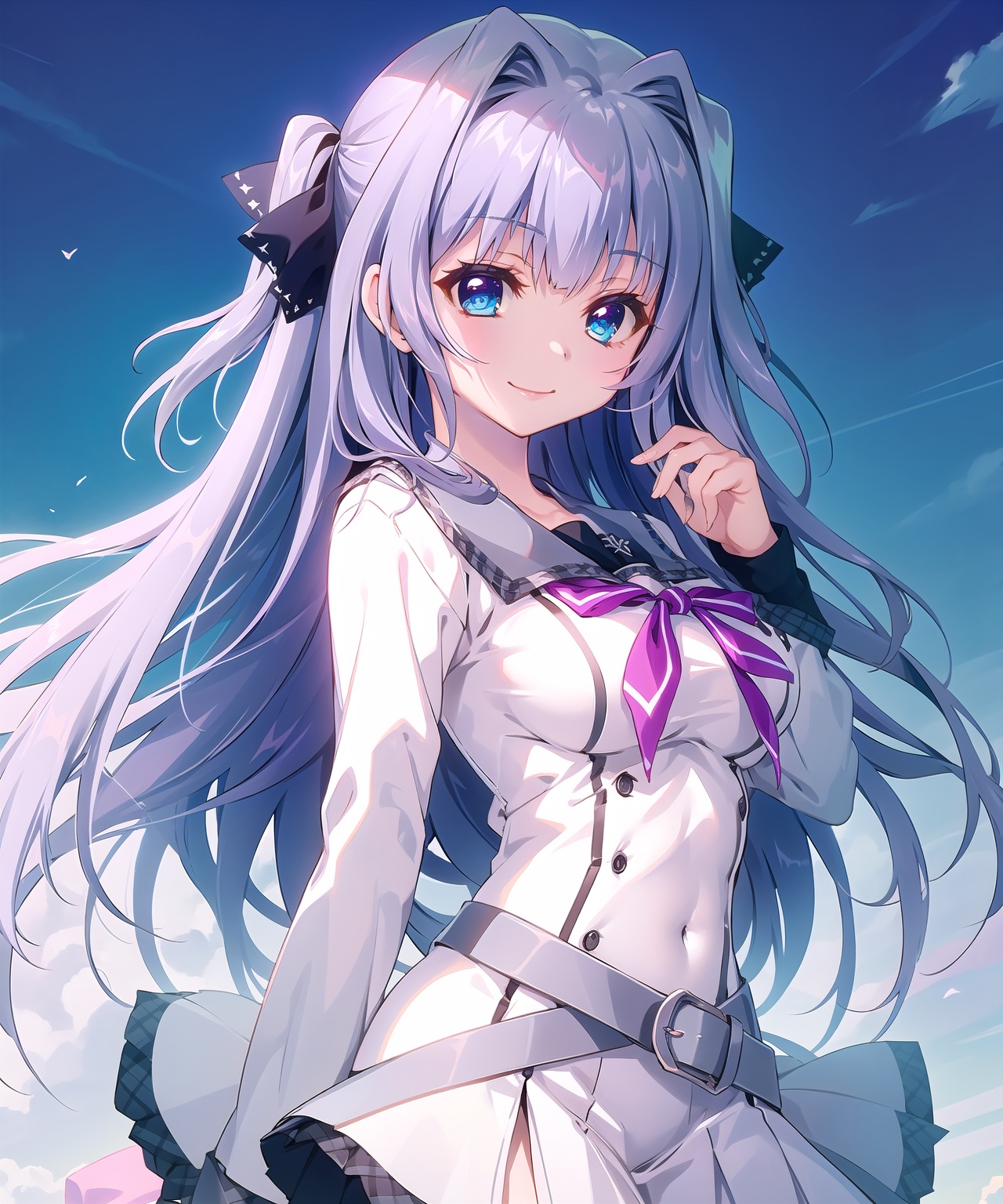 kousakaharuka,kouusakaharuka school uniform,blue eyes,light purple hair,hair ribbon,smile,looking at viewer,cowboy shot,belt,hair intakes,, masterpiece,best quality,