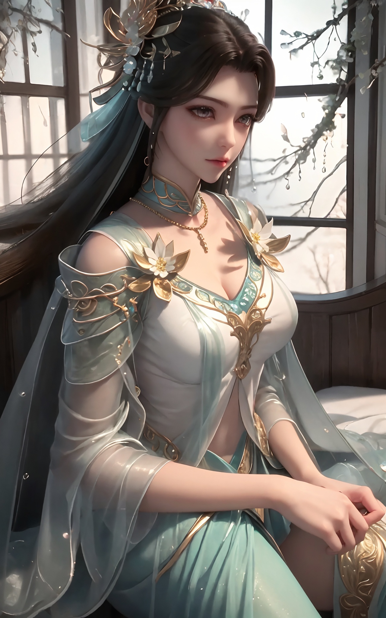 real,photo realistic,highly detailed,(masterpiece),(high quality),best quality,super detailed,full detail,4k,8k,xiyouqin,1girl,solo,upper_body,Above the waist,Look into the camera,flower sea,front view,(white skin),Dreamy forest,medium_shot,beautiful detailed glow,(detailed ice),beautiful detailed water,wariza,sitting_on_bed,