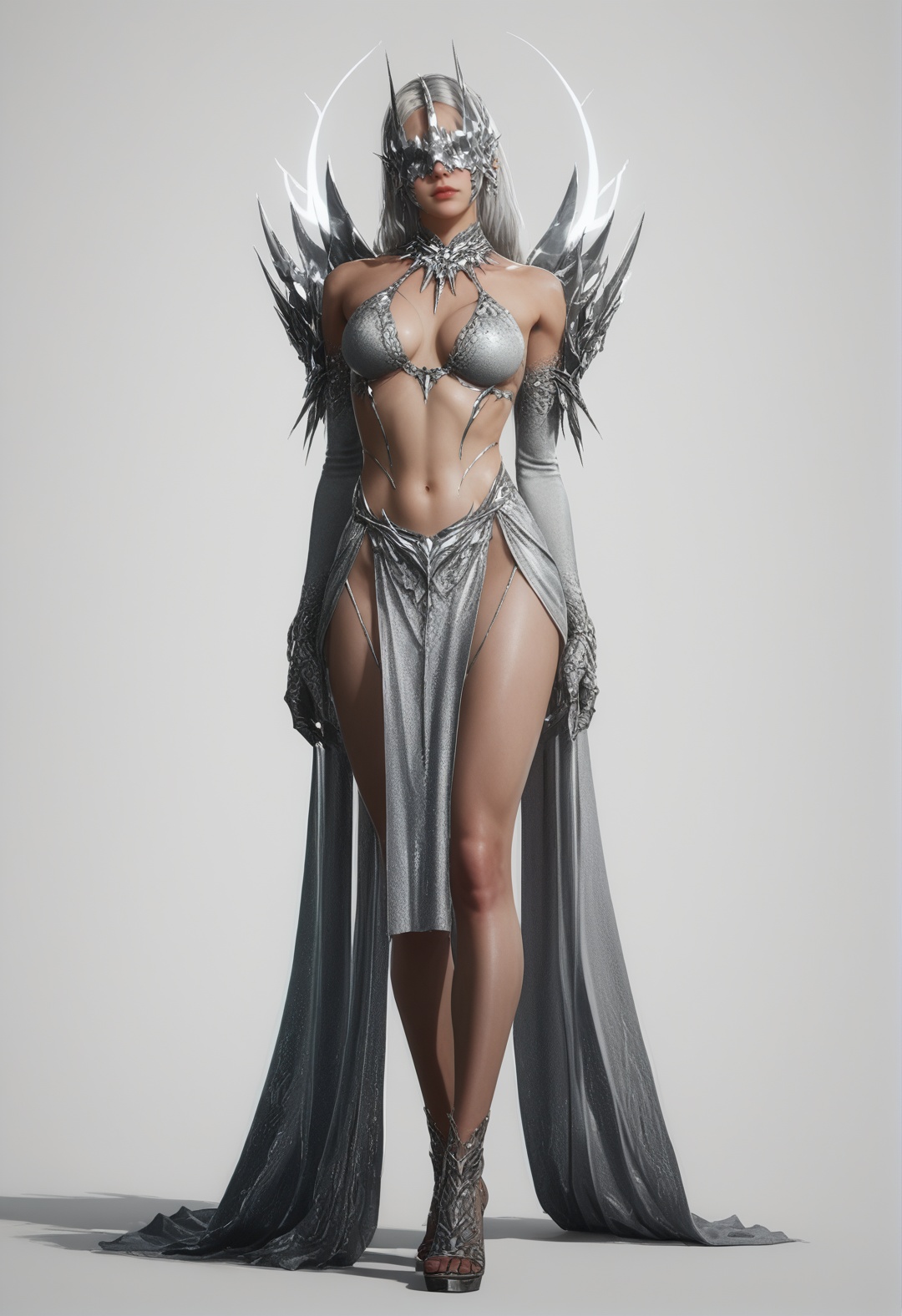 supermodel,score_8_up,score_7_up,hyperdetailed,hyperrealistic,volumetric lighting,focus on face,textured skin,eye lighting,SkinHairDetail,zPDXL,intricate and refined delicate details,unreal engine,very attractive,ultra high res,Expressiveh,realistic skin,score_9,score_8_up,score_9,score_8_up,1 girls,high cold face,yujie,breasts,jewelry,best quality,<lora:渡鸦2圣衣更新:0.8>,breasts,covered eyes,duya2,full body,high heels,long hair,medium breasts,navel,standing,white background,