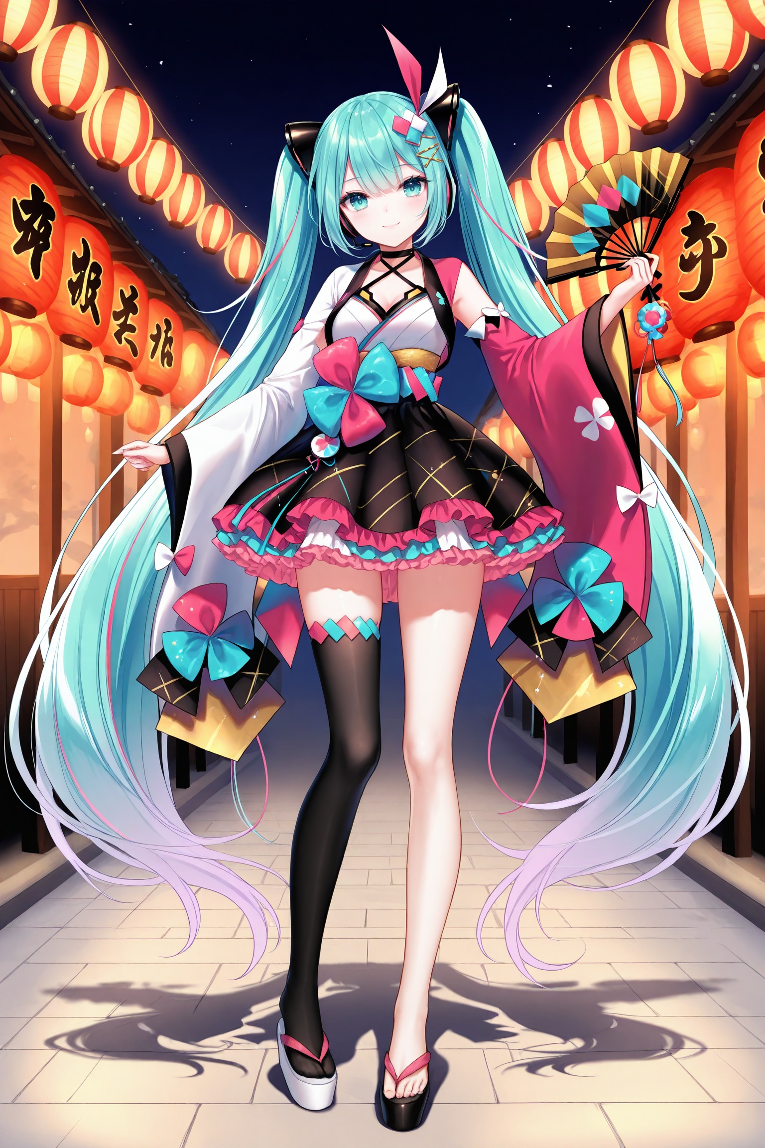 masterpiece,best quality,newest,absurdres,highres,soft shadows,photorealistic,(chen bin:0.5),(hiten \(hitenkei\):0.4),(rimuu:0.5),(mignon:0.5),(sheya:0.6),<lora:MMM2020summerXLNAI:1>,magical mirai miku \(2020 summer\),sandals,multicolored hair,hair ornament,japanese clothes,wide sleeves,hand fan,mismatched sleeves,white sleeves,pink sleeves,frilled skirt,black thighhighs,asymmetrical legwear,bare leg,platform footwear,mismatched footwear,full body,smile,standing,