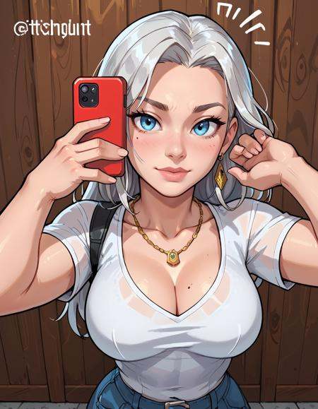 score_9, score_8_up, score_7_up, score_6_up, score_5_up, score_4_up, detailed, best quality, detailed skin, detailed background BREAK sexy girl holding phone shooting selfie BREAK view from above, upper body, view over the barrier BREAK BREAK BREAK girl wearing silver high heel shoes, BREAK