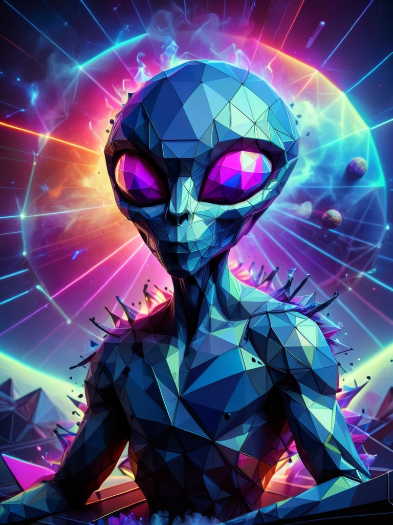 an alien on a futuristic spaceship in neon colors made of ral-polygon on the surface of planet with smoke and neon lights...