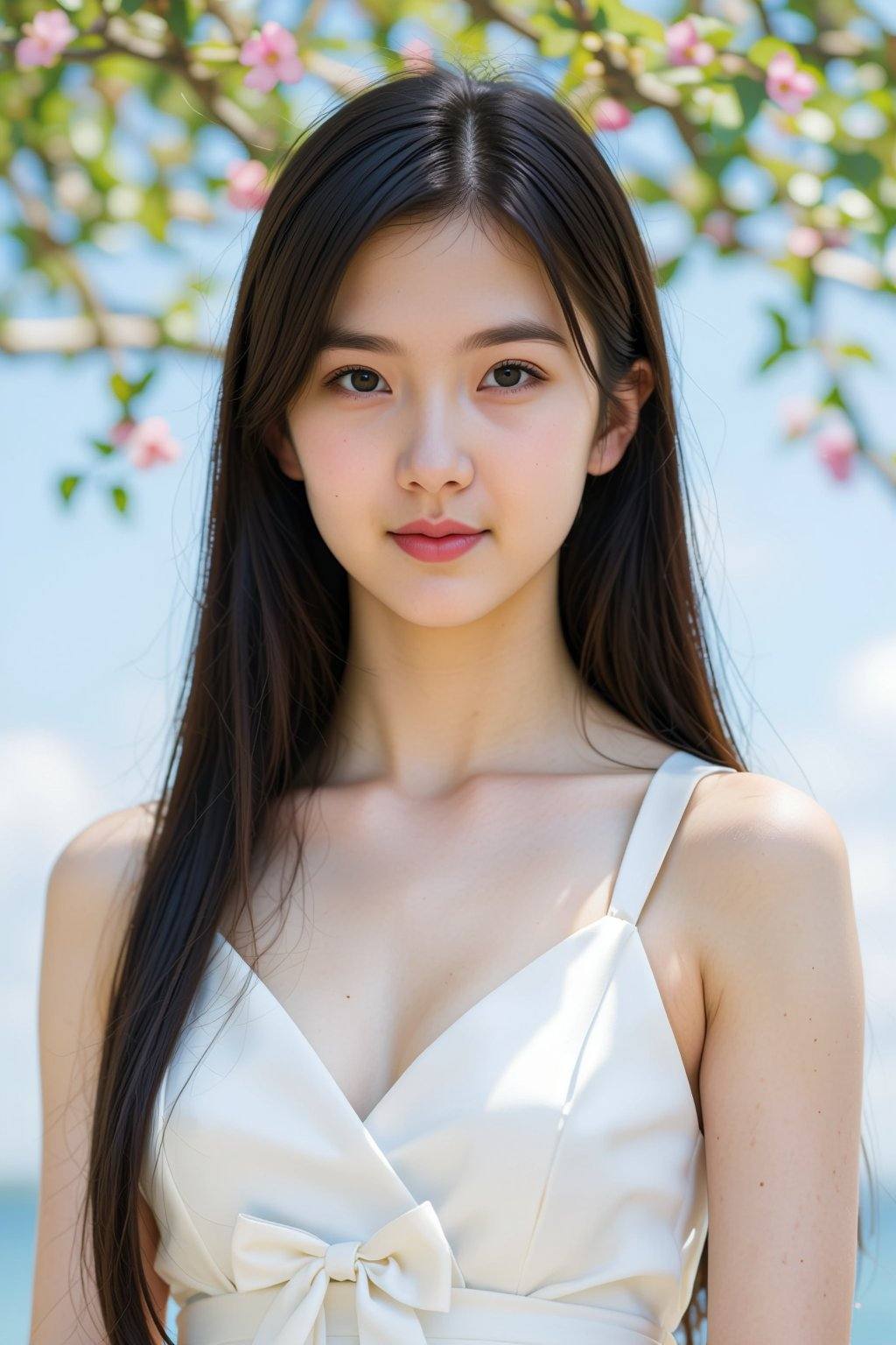 The image features a photograph of an Asian woman with long,  straight black hair and fair skin. She has a delicate,  oval...