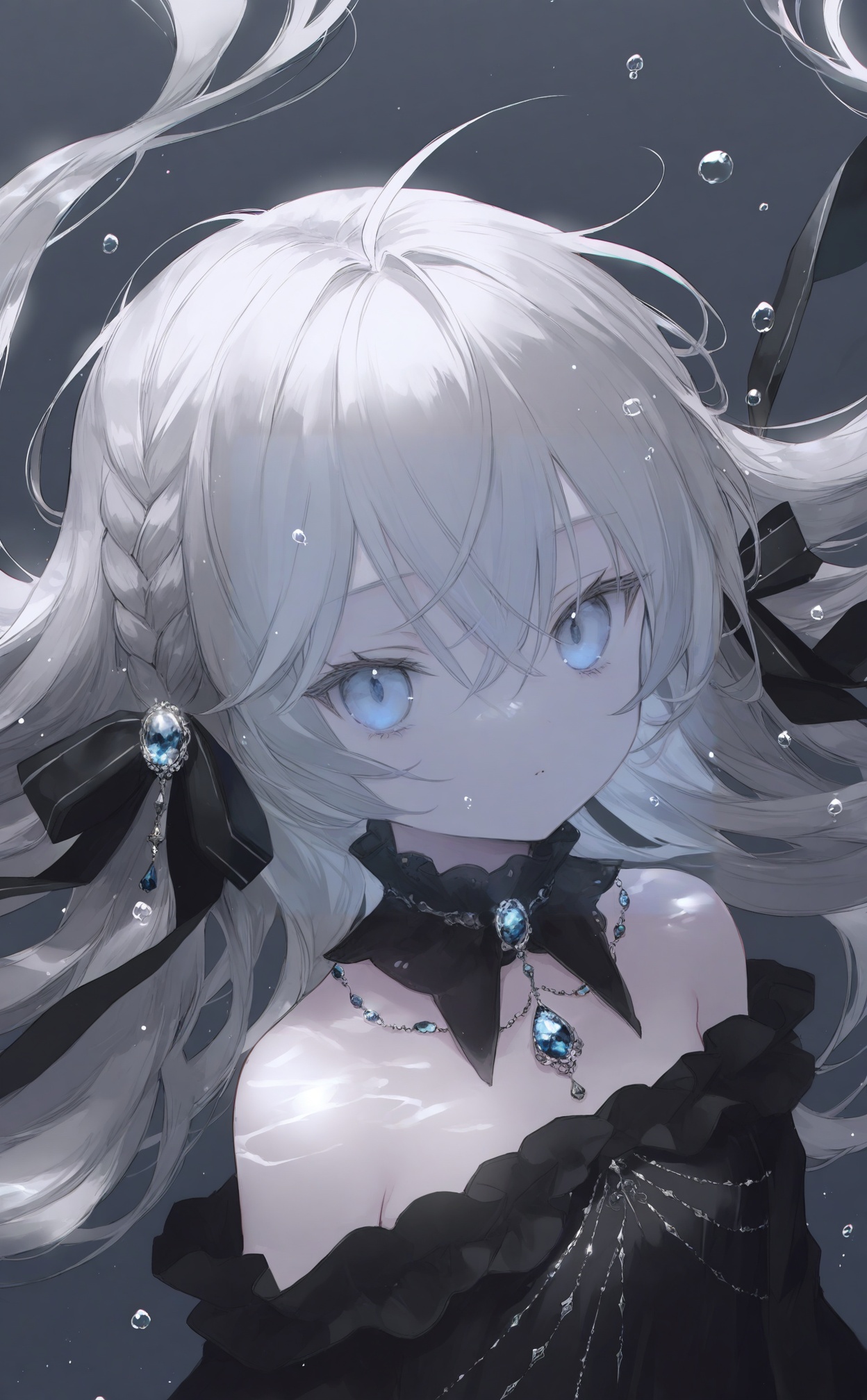 masterpiece,absurdres,best quality,loli,petite,high quality,chromatic_aberration,//,1girl, solo, long_hair, blue_eyes, braid, ribbon, jewelry, hair_between_eyes, black_ribbon, hair_ribbon, parted_lips, off-shoulder_dress, bubble, detached_collar, looking_at_viewer, black_dress, dress, off_shoulder, ahoge, gem, floating_hair, underwater, blue_gemstone, collar, white_hair, hair_bow, air_bubble, necklace, hand_up, portrait, bow, black_bow, bare_shoulders, grey_background, grey_hair, upper_body, brooch, black_collar//,//,<lora:guimao2——【noob】hans:1>,