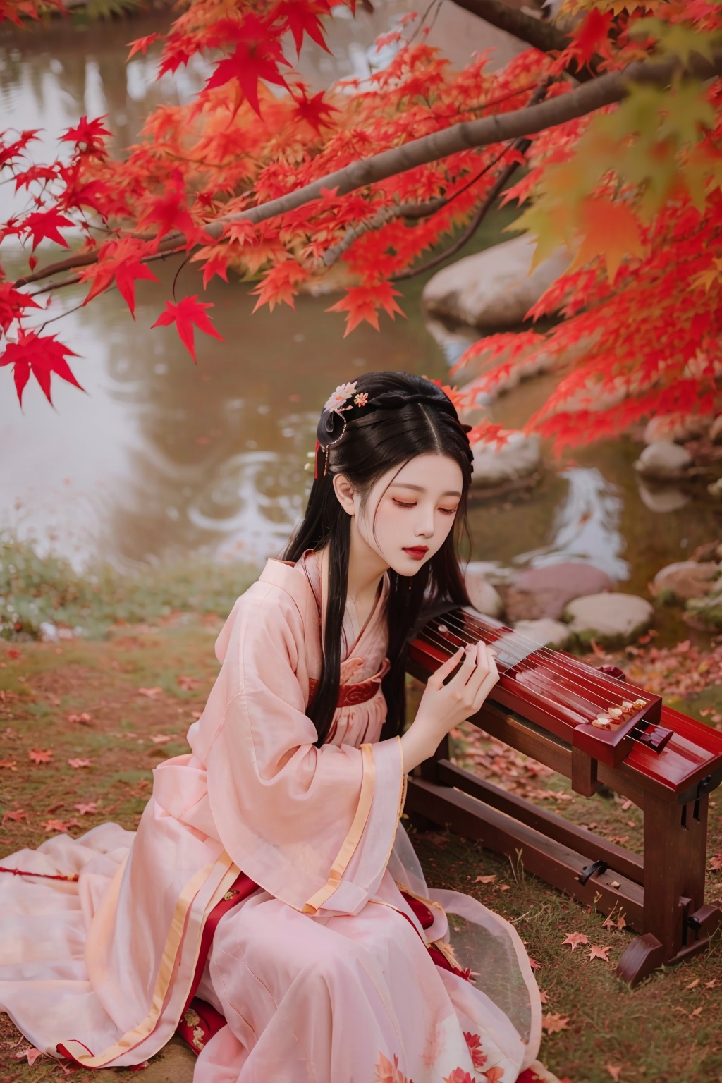 hanfu, maple leaf, guzheng, 1girl, solo, long hair, black hair, long sleeves, closed mouth, closed eyes, flower, outdoors, leaf, sleeping, red lips, playing instrument, lying, makeup, realistic, updo,  <lora:guzhuangfengye:0.8>