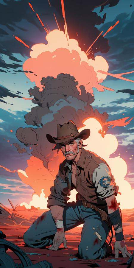 (masterpiece, best quality), ((old man)), cowboy western, cowboy hat, mustache, (looking at viewer, explosion, blood, injury, kneeling, solo), shattered, wasteland, dark mood, cloudy sky
