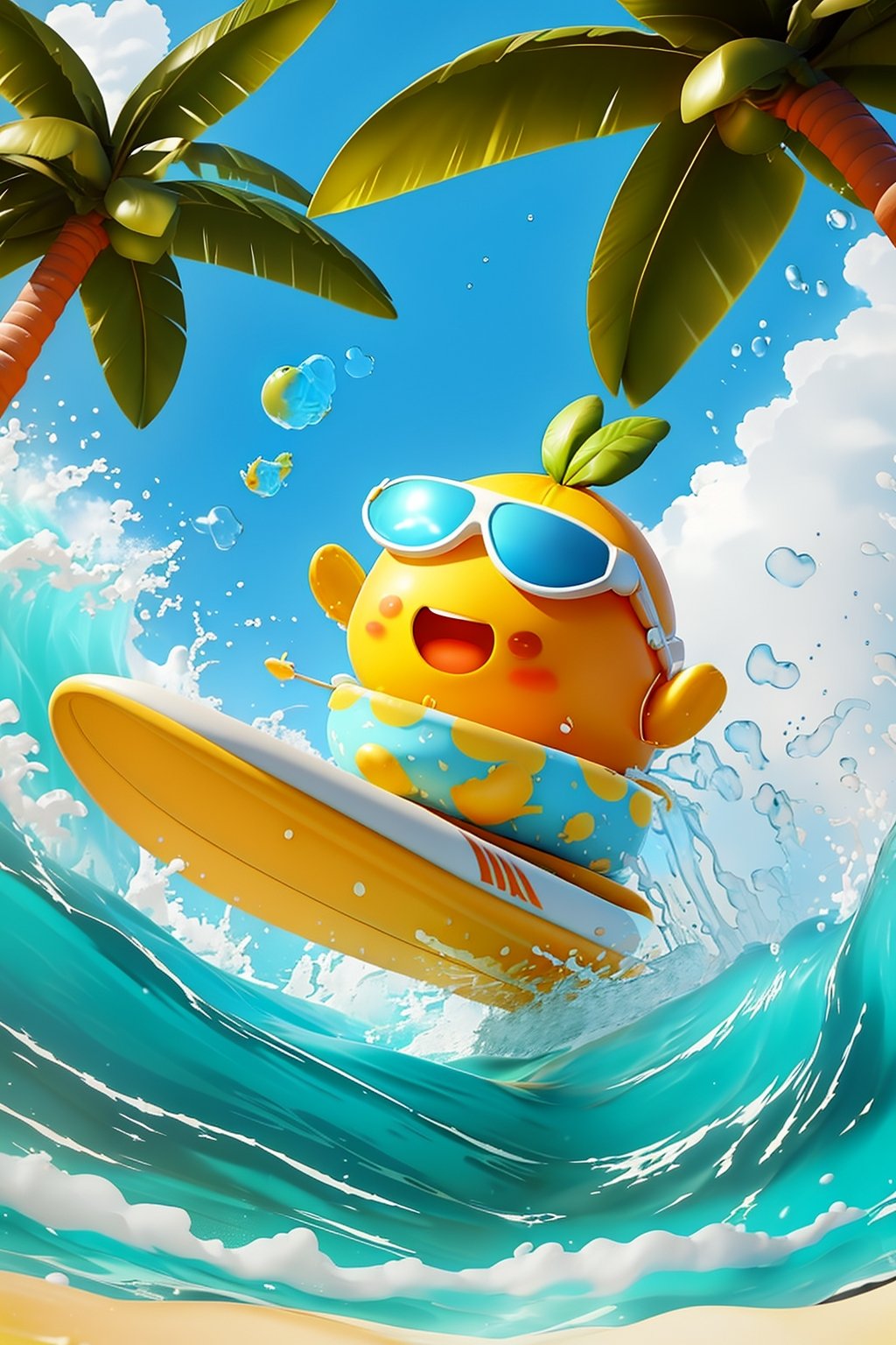 Coconut trees, bubbles, beaches, birds, bubbles, clouds, sky, head glasses, goggles, leaves, lemons, ocean, open mouth, outdoors, palm trees, partial underwater footage, plants, sky, sunglasses, water, water drops,<lora:冲浪芒果:0.8>,