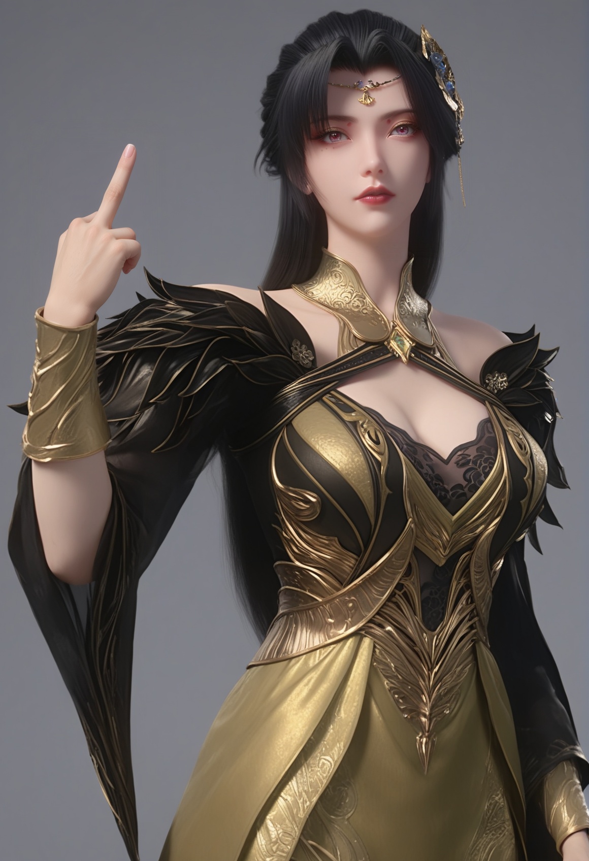 (score_9),<lora:柳如烟-rain:0.8>,lry,(mature_female),solo,long hair,hair ornament,black hair,mole under eye,detached collar,forehead jewelry,wrist guards,dress,sleeve,<lora:perfect eyes_v1:1>,bright pupils,looking at viewer,front view,<lora:Expressive_H-000001:0.8>,(middle_finger:1.1),outstretched_arm,(glamor:1.2),curvy,collarbone,pointy breasts,puffy breasts,large breasts,narrow waist,simple background,grey background,