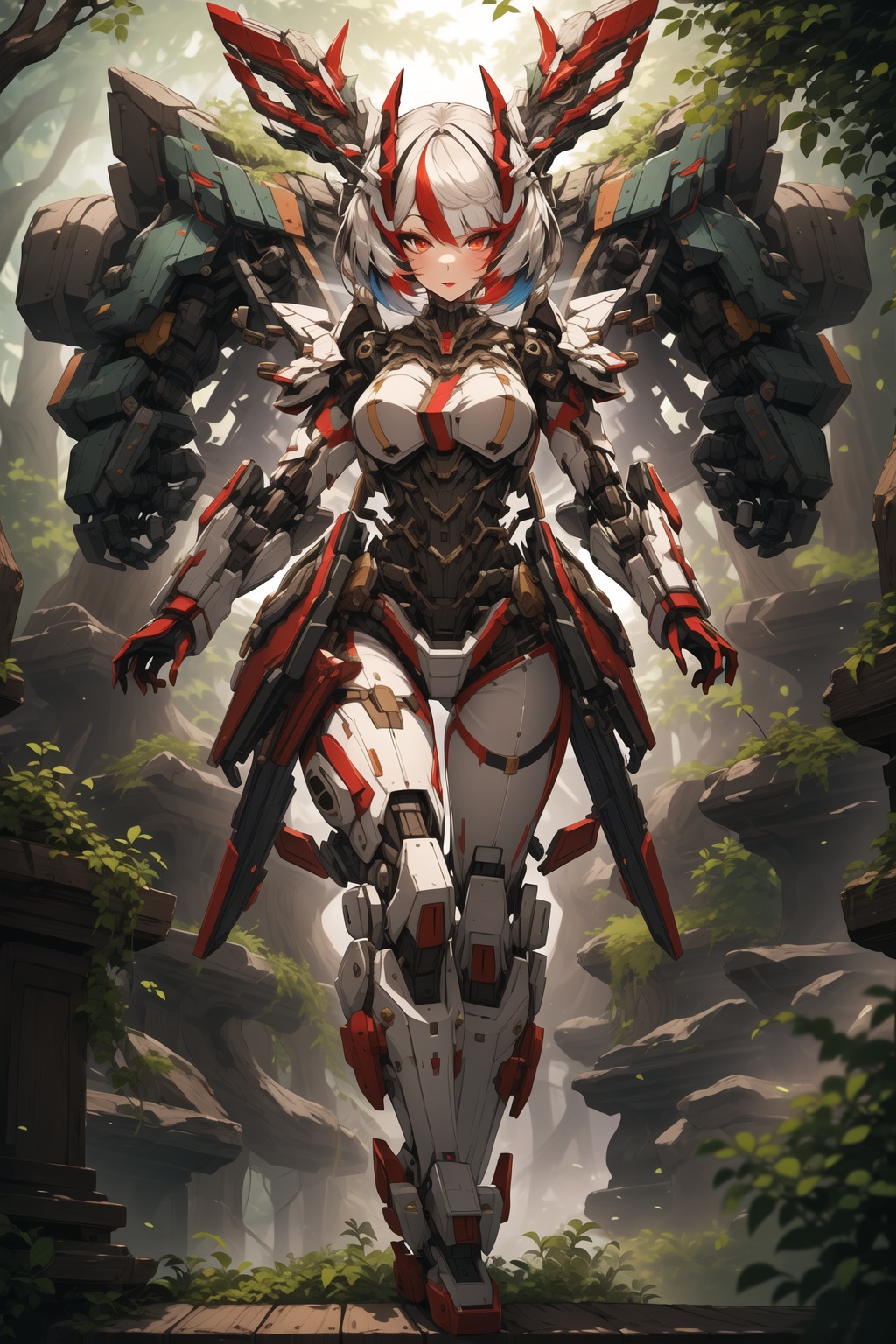 wood,mecha,1girl,solo,full body,looking at viewer,white background,bob cut,short hair,multicolored hair,makeup,parted lips,red lips,eyeliner,