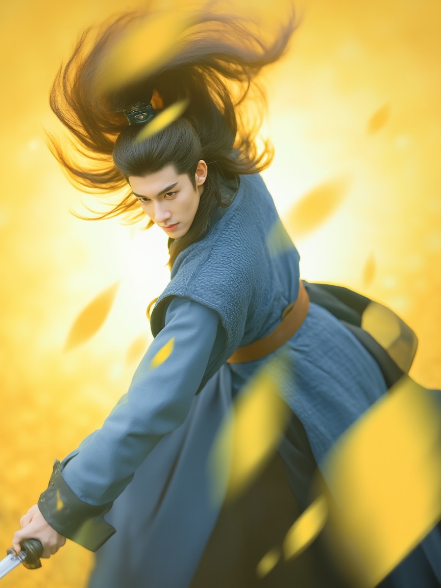 neomj,<lora:neomj古风v9_15:1>,A man with long,dark,flowing hair wearing a blue layered robe with a brown belt,holds a sword,he is angled to the right,with the background filled with a yellow bokeh and many yellow falling leaves.,
