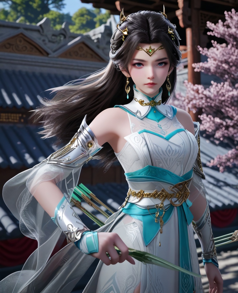 (oriental architecture, elegant decor, sophisticated style:1.1),(Tech Interaction, Interacting with a high-tech gadget or holographic display with a thoughtful expression,:1.1),arrows,archery bow,bowstring,quiver,draw the bow,nock an arrow,draw and aim,arrow,weapon,(breasts:1.2),<lora:XL16仙帝归来李染竹:0.95>,miss liranzhu,white dress,blue eyes,black hair,long hair,hair ornament,jewelry,earrings,wide flowing sleeves with see-through,sash,, score_9,score_8_up,score_7_up,score_6_up,score_5_up,score_4_up,3d rendering,tag1,tag2, Cinematic Lighting,backlighting,