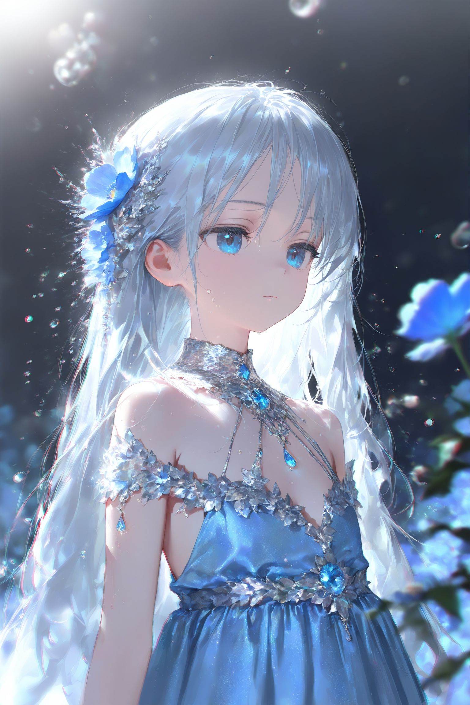 masterpiece,best quality,high quality,loli,chromatic_aberration,Light Blue Theme,//,1girl, solo, flower, long hair, blue eyes, blue flower, white hair, dress, expressionless, upper body, hair ornament, closed mouth, blue dress, water drop, bare shoulders, jewelry, clothing cutout//,year_2023,year_2024,//,official art,depth of field,detailed light,blurry background,cinematic lighting,ray tracing,amazing quality,very aesthetic,absurdres,beast quality,ultra detailed,