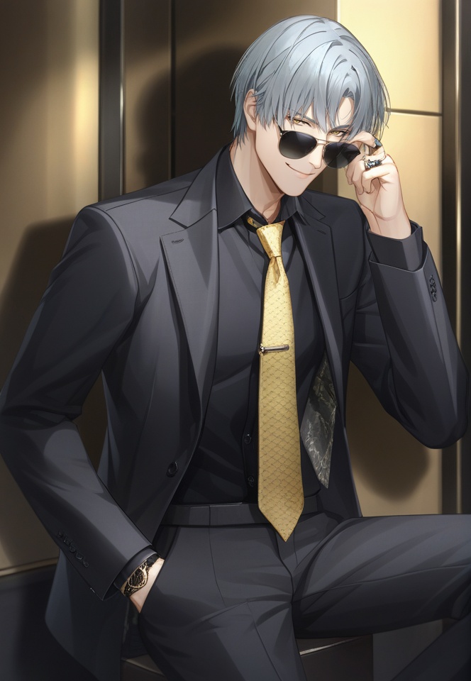 (best quality), ((masterpiece)), (highres), illustration, original, extremely detailed,   <lora:光与夜之恋同人人物篇:0.7>cls, solo, 1boy, male focus, pants, jewelry, necktie, looking at viewer, jacket, formal, suit, sunglasses, shirt, hand in pocket, long sleeves, short hair, black jacket, ring, grey hair, black necktie, yellow necktie, adjusting eyewear, black shirt, smile, bangs, collared shirt, sitting, feet out of frame