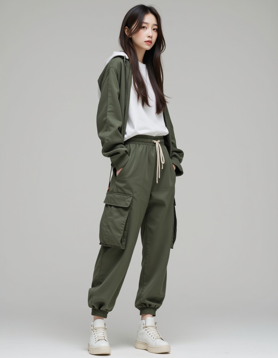 a real picture of a south korea woman,In Cargo Joggers\(Jogger-style pants with cargo pockets,blending comfort and utility\).,