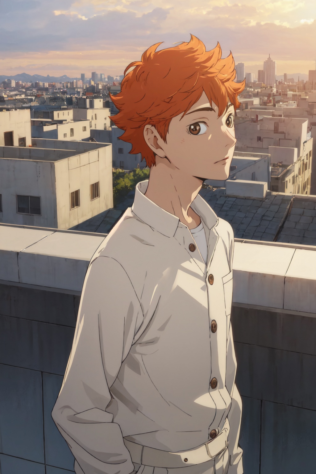 <lora:Hinata:0.8>,Hinata CYQL,1boy,male focus,looking at viewer,solo,orange hair,short hair,brown eyes,light gray suit, light pink dress shirt, navy blue tie, brown leather brogues,seductive_smile,portrait,from_side,Rooftop bar views, Skyline, Cocktails, Nightlife, Panorama,masterpiece,best quality,
