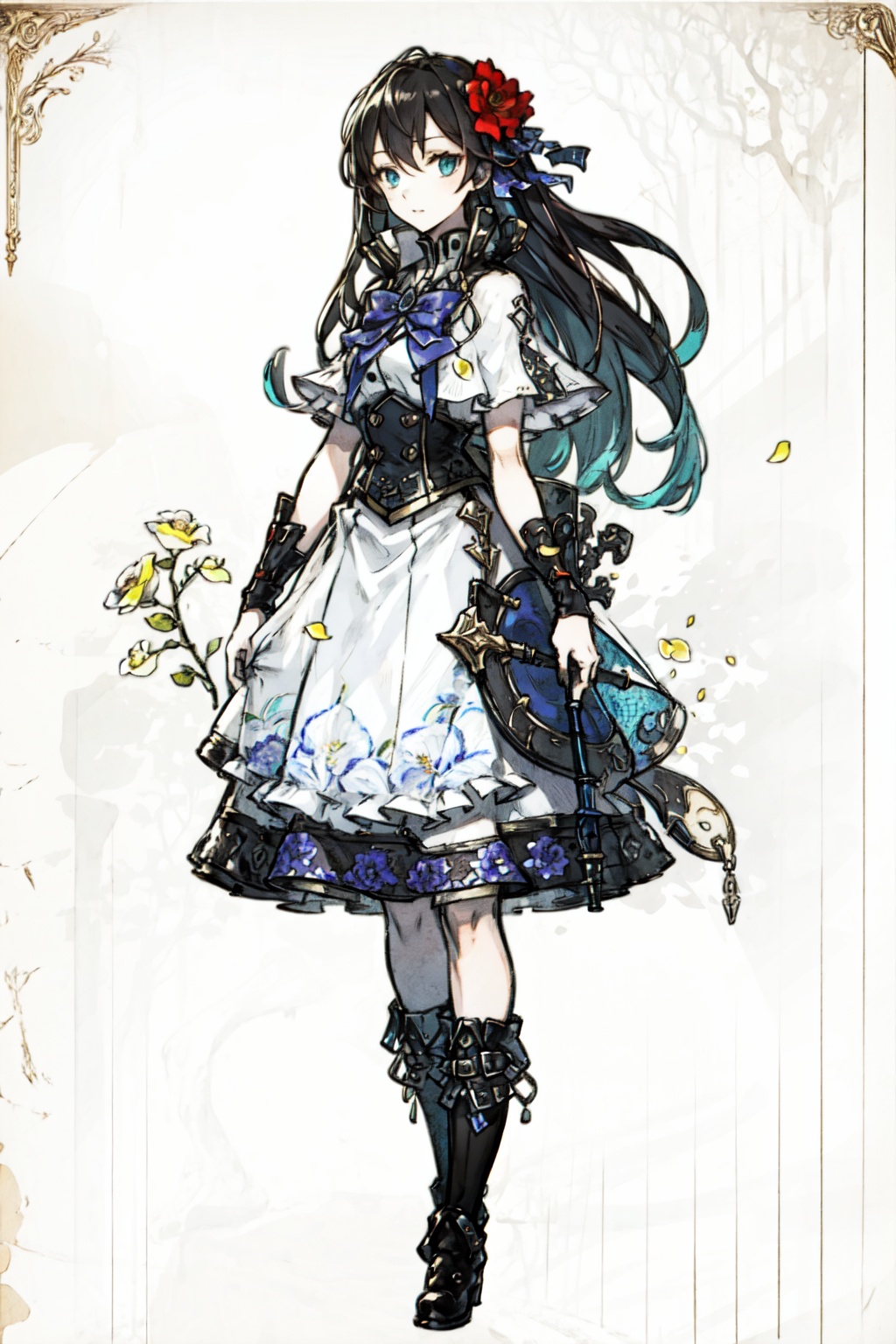 1girl, ,white background, skirt,looking at viewer, boots, simple background, full body, standing,Long hair,flower, mysterious pattern