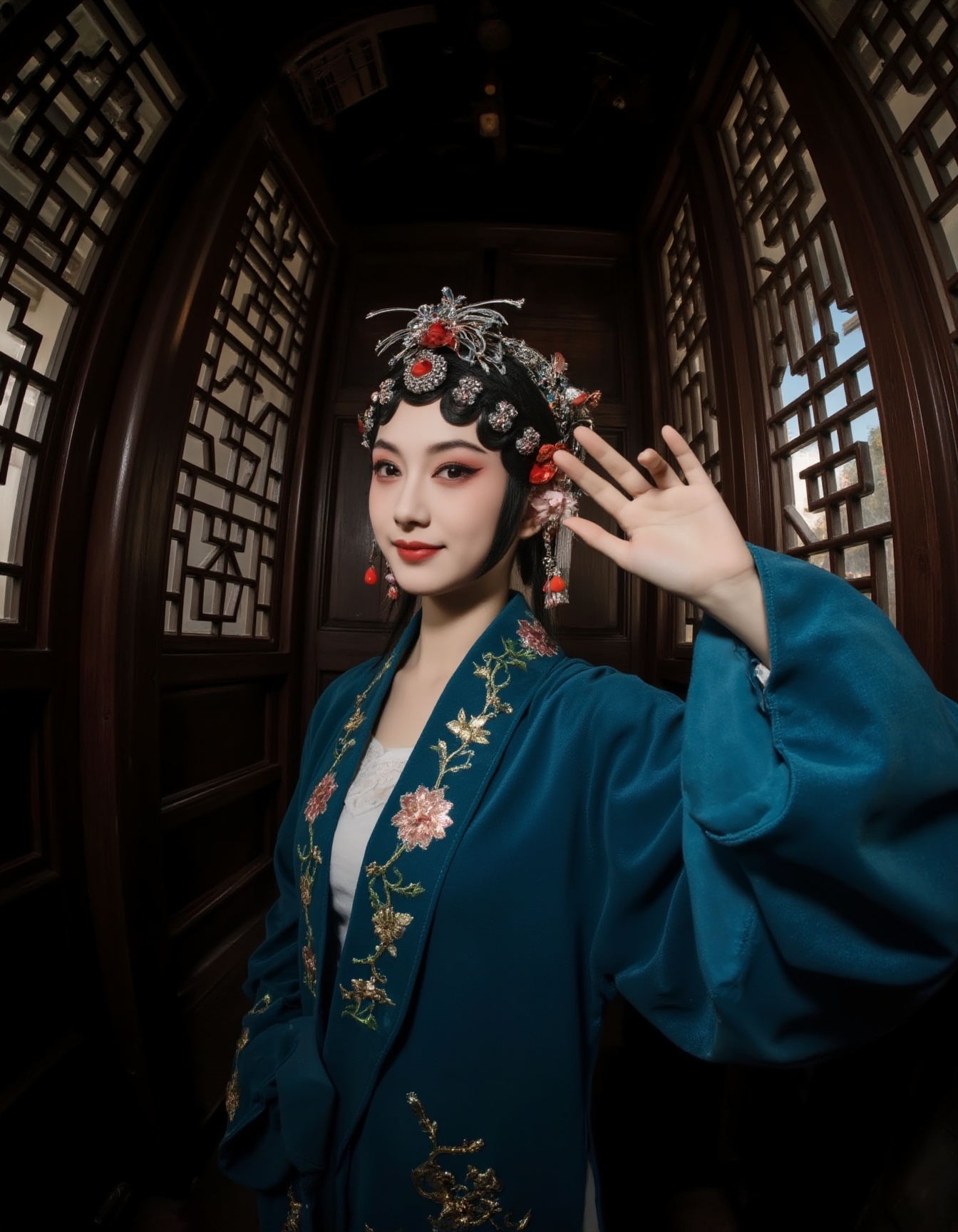 fisheye lens,taken from a low-angle perspective, giving the viewer a sense of height and depth,a young Asian woman with a fair complexion and delicate features, dressed in traditional Chinese attire. She is standing in a dimly lit room with wooden lattice windows behind her, allowing soft, warm light to filter through, casting intricate shadows on her face and body. Her attire is a rich, deep blue robe adorned with intricate gold embroidery depicting floral patterns. She wears a traditional headdress adorned with red and gold ornaments, including a phoenix design, which adds an element of majesty to her appearance. Her hair is styled in a high, elaborate bun, with a few loose strands framing her face. She holds her right hand delicately, with her fingers gently touching the lattice window, suggesting a sense of serenity and contemplation. The texture of the fabric appears luxurious and silky, and the overall aesthetic suggests a historical or cultural setting, possibly in an ancient palace or temple. <lora:特摄镜头-鱼眼FLUX:0.8> <lora:昆曲-花旦FLUX:0.7>