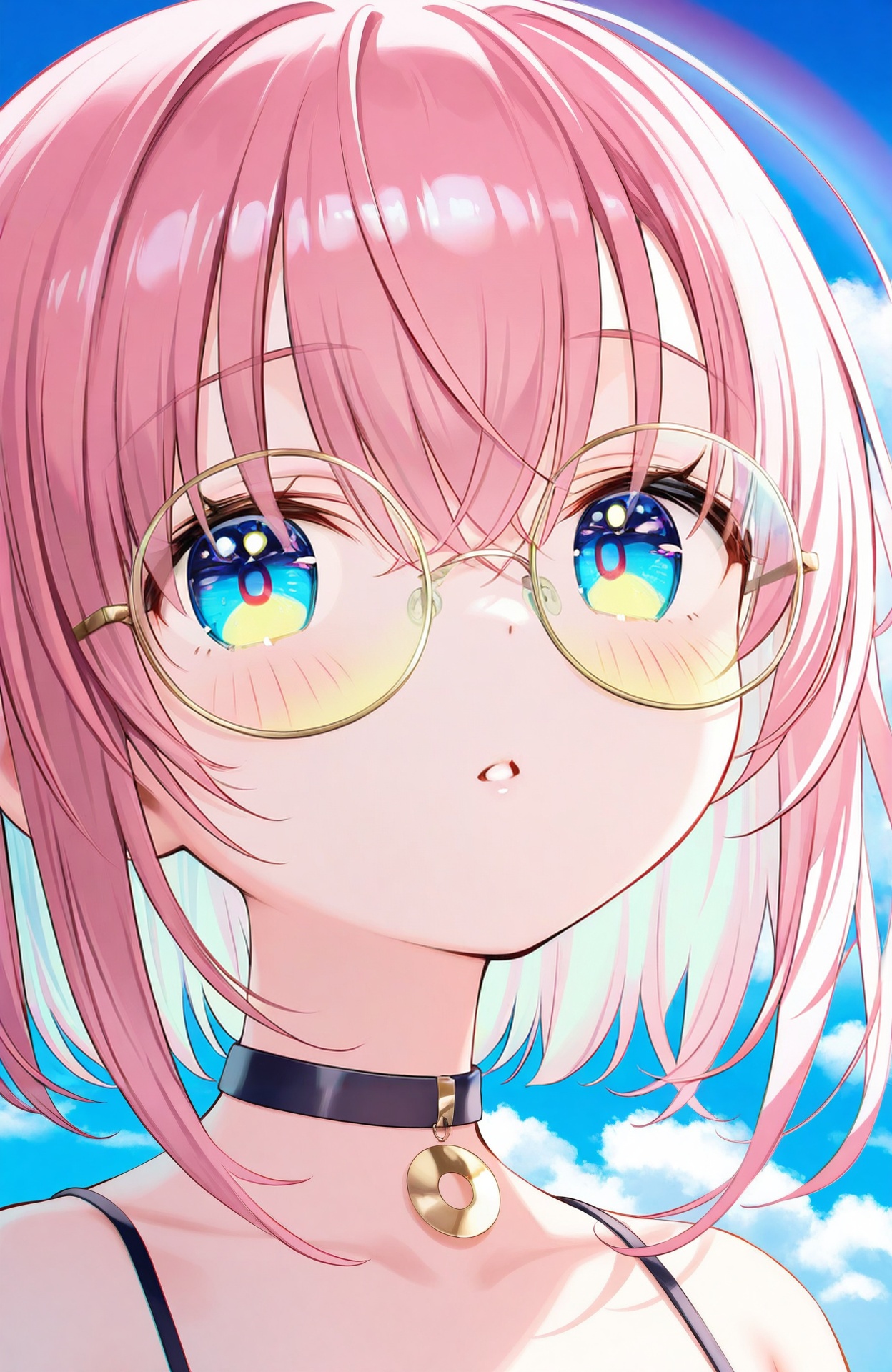 masterpiece,absurdres,best quality,loli,petite,high quality,chromatic_aberration,//,1girl, solo, looking at viewer, bangs, blue eyes, hair between eyes, parted lips, sky, glasses, choker, cloud, sunglasses, portrait, close-up, multicolored eyes, round eyewear, tinted eyewear, rainbow, eye focus