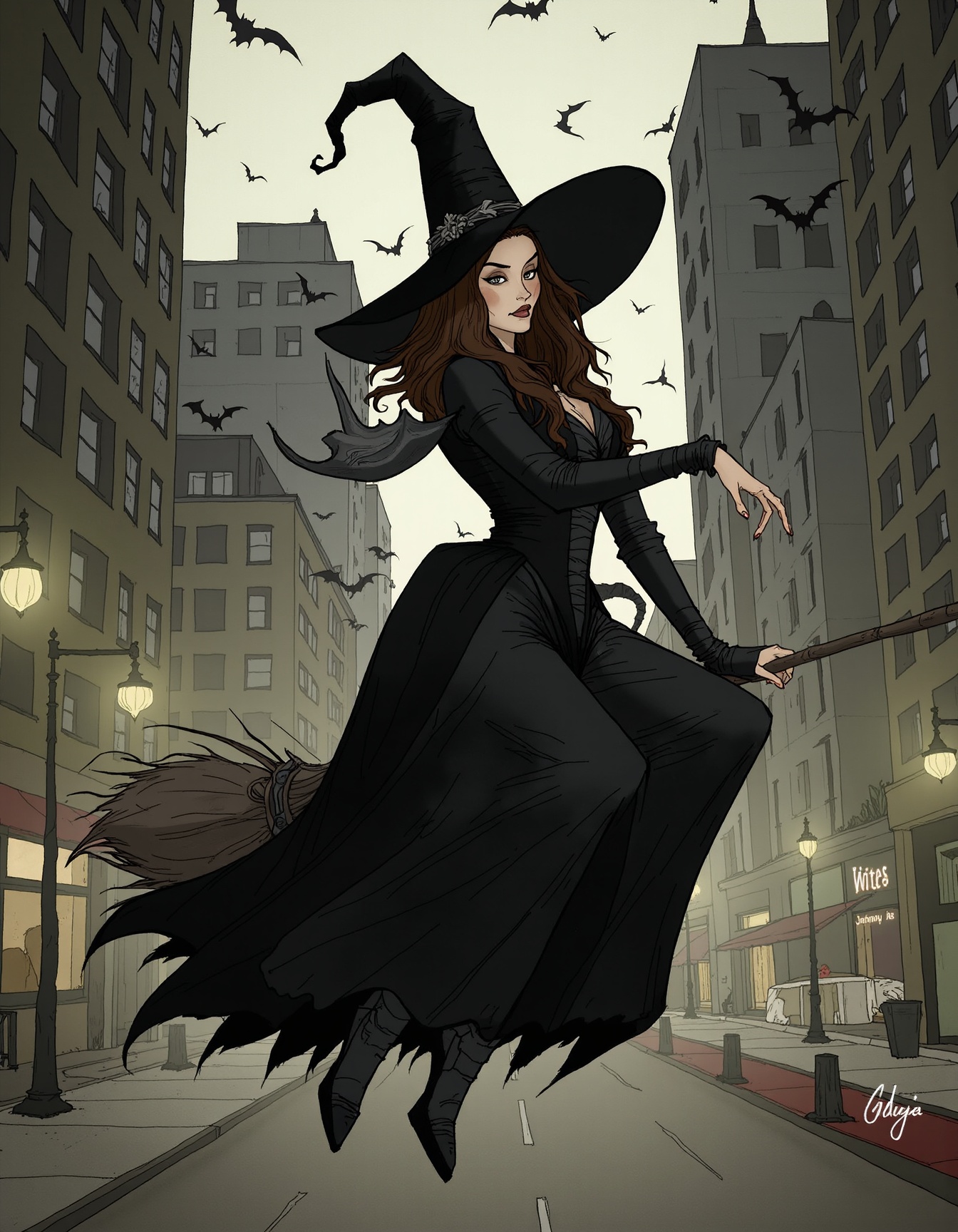 yydlds,A woman wearing a black witch hat and a black dress rides a magic broomstick, appearing to cast a spell as she prepares for takeoff. The background is a city street with skyscrapers looming behind her. The sky is swarmed by bats.﻿﻿ <lora:F.1暗黑女巫-手绘线条插画V1_遥远的炼丹师:0.8>