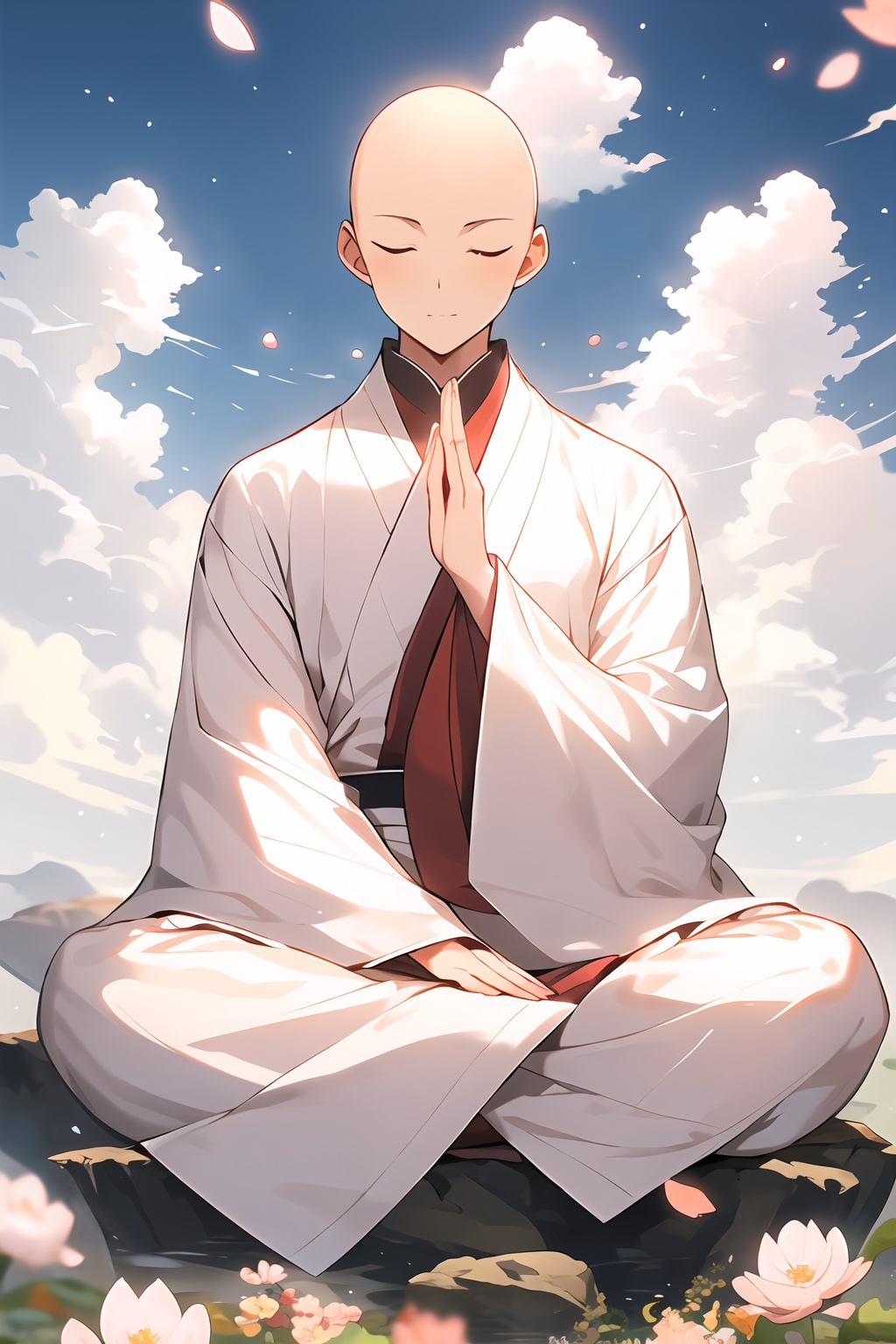 monk, solo, bald, cloud, 1boy, closed eyes, male focus, sky, petals, flower, outdoors, full body, long sleeves, cloudy sky, wide sleeves, day, closed mouth, blue sky, rock,sit cross-legged,highlights on the top of the head, light particle, foreground blurring, chinese monk's white kasaya clothes,Hands folded, looking down <lora:yiling_玉面小僧:0.8>