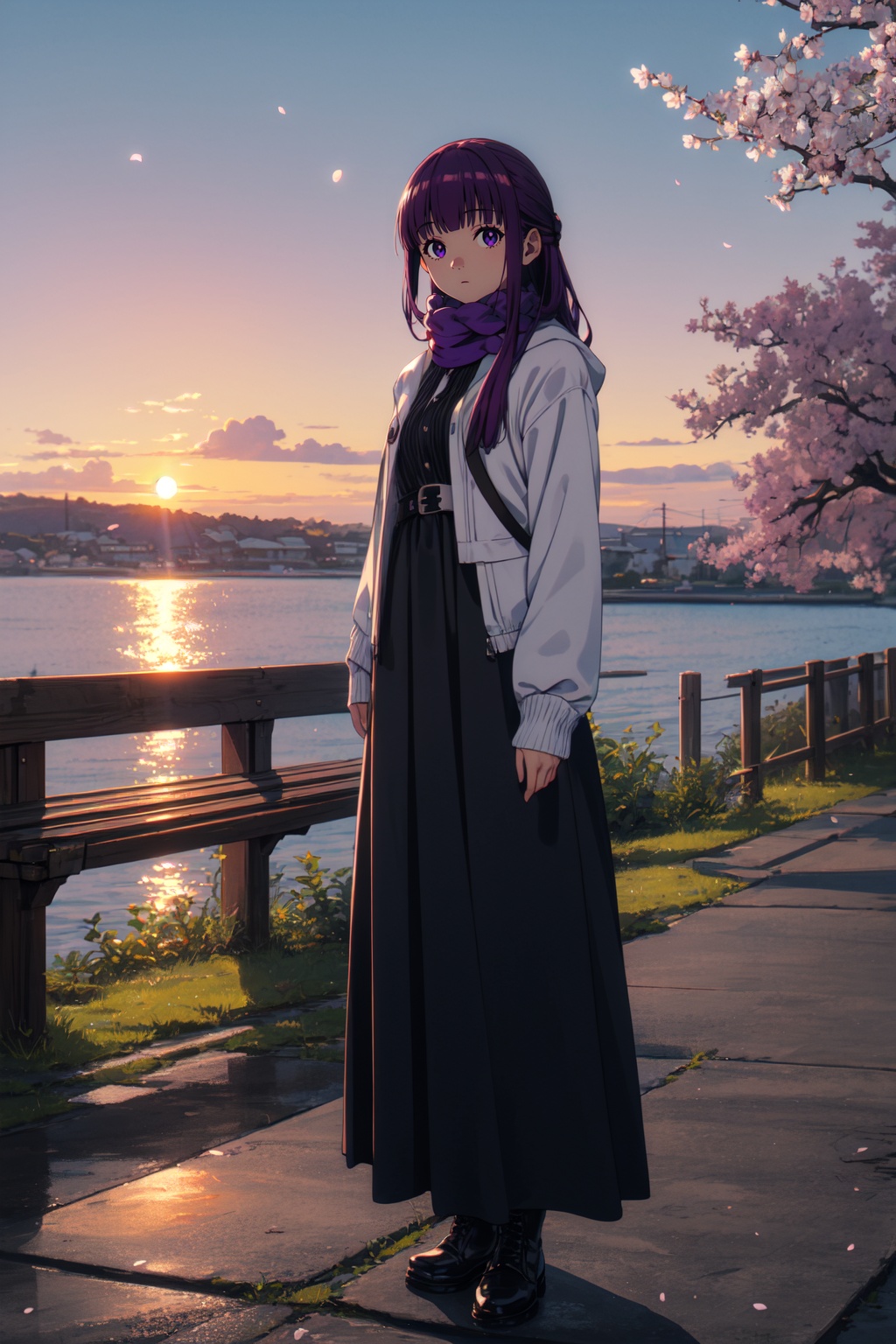 masterpiece,best quality,cinematic lighting,1girl,solo,full body,(looking at viewer:1.1),(standing:1.2),<lora:lora-000010.by_tusi:1>,Fern_SNF,purple hair,very long hair,blunt bangs,sidelocks,half updo,purple eyes,scarf,purple scarf,jacket,(white jacket:1.4),long dress,(black dress:1.4),long sleeves,sleeves past wrists,belt,boots,BREAKscenery,Sunset,Orange hues,Serenity,Coastal views,Cherry blossoms,Magnolia trees,Park benches,Afternoon,<lora:增强减少细节add_detail:0.5>,8k,ultra-detailed,