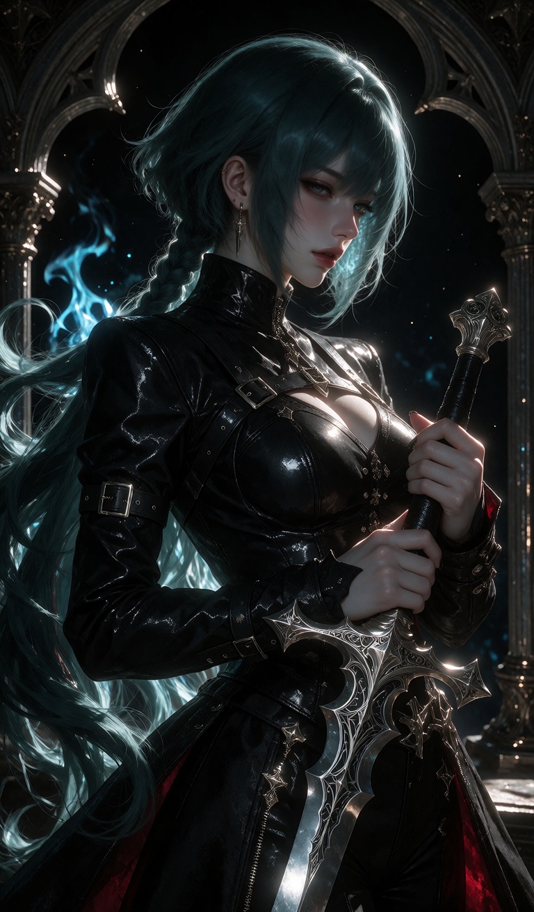 A woman with long,  flowing teal hair and a sharp bob cut stands in profile against a dark background illuminated by swirl...