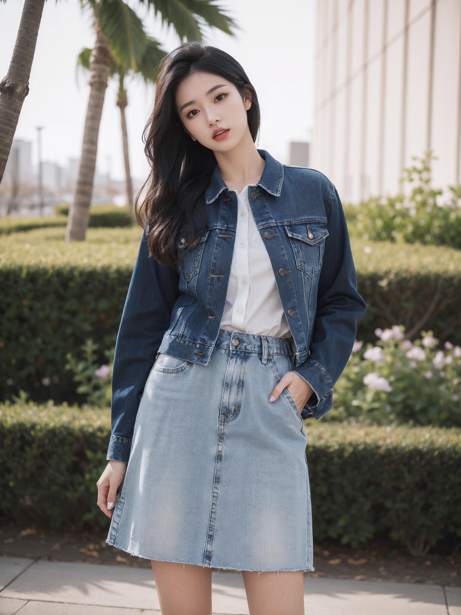 1girl, solo, denim jacket, black hair, jacket, skirt, plant, denim, hose, long hair, denim skirt, realistic, shirt, outdoors, looking at viewer, parted lips, white shirt, brown eyes, holding, standing, lips, black skirt, head tilt