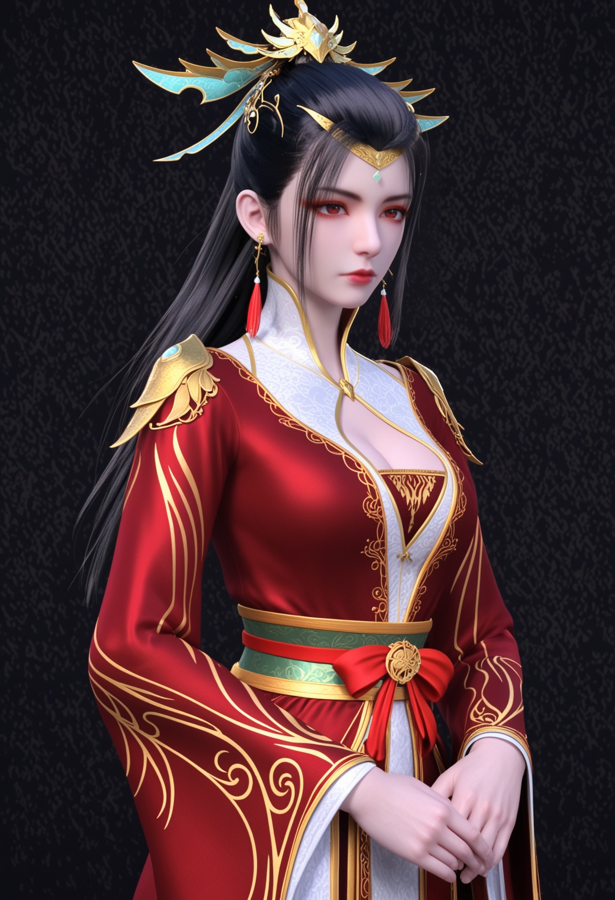 score_9,looking_at_viewer,upper body,(large breasts:0.8),1girl,solo,hair ornament,long hair,black hair,earrings,jewelry,dress,red dress,chinese clothes,closed mouth,long sleeves,sash,clothing cutout,cleavage cutout,tassel earrings,red eyes,expressionless,ponytail,high heels,(simple background,pure black background,black background:1.1),perfect_anatomy,<lora:QQSponylinxiuV1:0.8>,