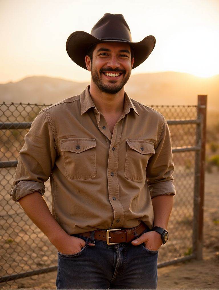 Harman Singha ,  near a fence in dry yard. wearing a cowboy hat and a belt. penis. testicles. hostility in his expression....