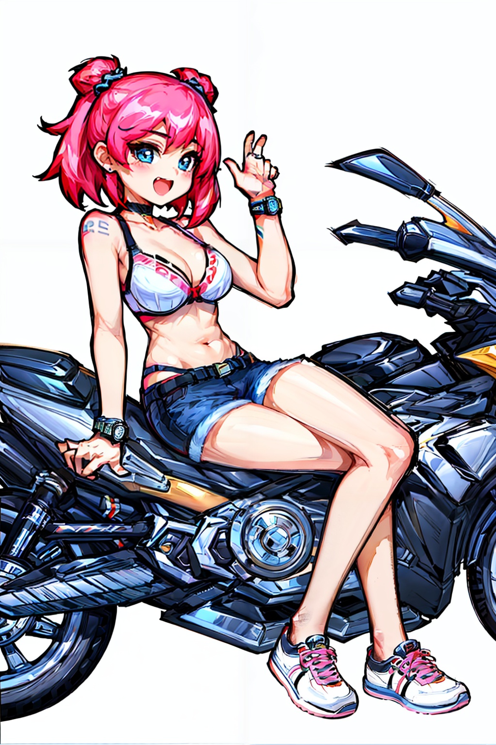 PD_meichao(style),1 lively and cute girl,whole body,hands raised,sitting on a motorcycle,bra,blue denim shorts,watch,pink sneakers,summer limited edition,thick graffiti style lines,(white background:1.3),<lora:PD_meichao_v1-000022:0.7>,