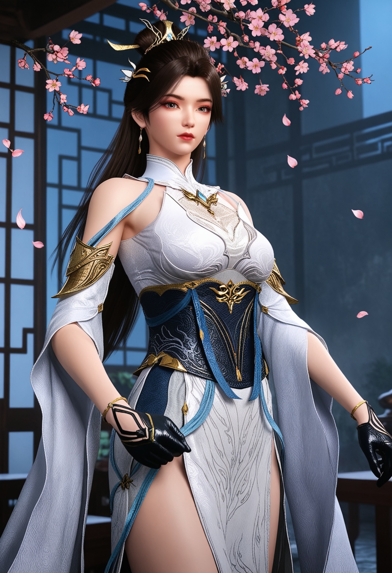 (cowboy shot:1.2),(looking at viewer:1.1),masterpiece,(best quality),smog,Dark room,dim lighting,peach blossom,falling petals,<lora:YQ_Illustrious光辉v5_灵溪_V1:0.8>,q1528437228,1girl,solo,jewelry,long hair,hair ornament,earrings,brown hair,dress,white dress,hair bun,black hair,detached sleeves,chinese clothes,gloves,ponytail,black gloves,single hair bun,high heels,brown eyes,grey eyes,blue eyes,sash,bracelet,