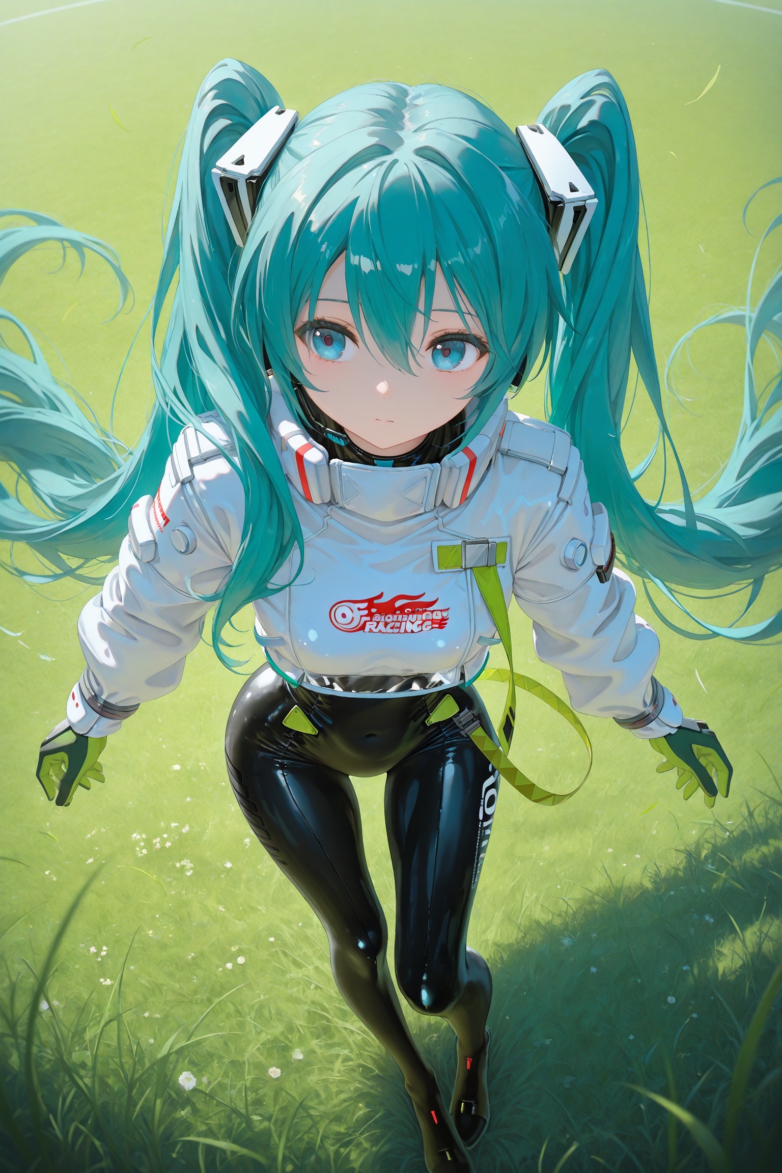 masterpiece,best quality,amazing quality,very aesthetic,absurdres,newest,impactful picture,offcial art,movie perspective,(void 0:0.5,(torino aqua:0.5), (umehara sei:0.5), 1girl,solo,s1_dram,from above,on grass,RHM22,hatsune miku,1girl,racing miku,solo,green gloves,twintails,long hair,blue eyes,black bodysuit,two-tone gloves,aqua hair,hair between eyes,jacket,long sleeves,white jacket,long legs,,