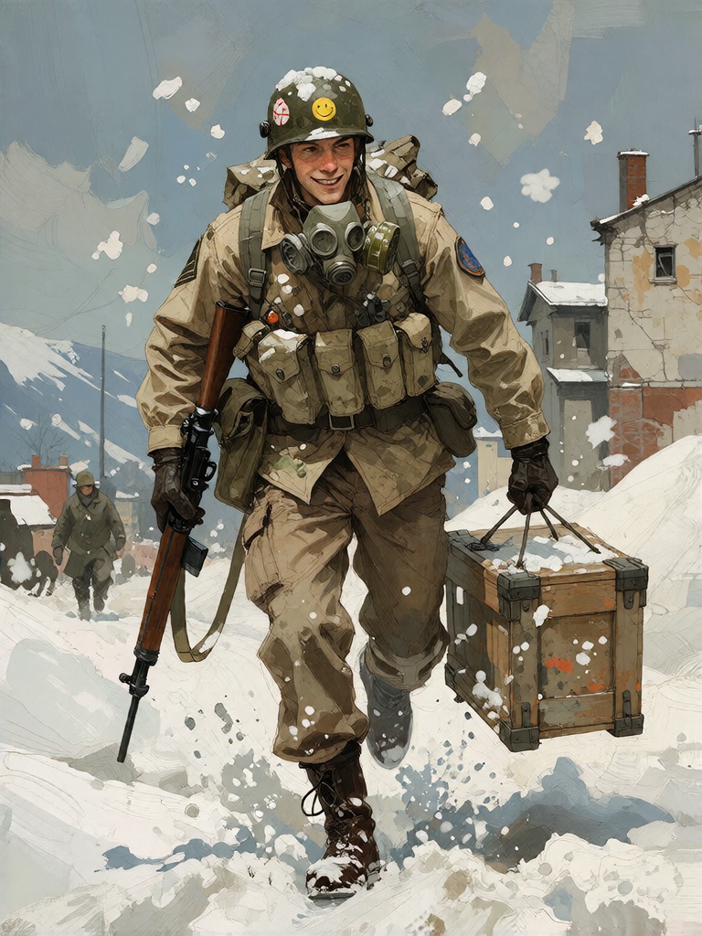Here is the final prompt Bradhamel art style,  impressionistic oil painting of a soldier in a snowy battlefield,  wearing...