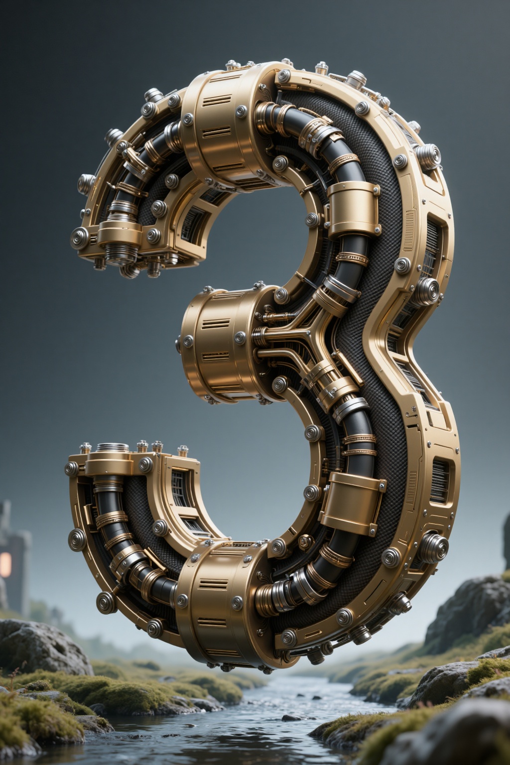 beijihui,3D structural number "3",the stroke structure is a heavy mecha engine structure,high-pressure pipes,exposed bolts,modular mechanical skeleton,with complex mechanical details,the font shell is **** of black carbon fiber and gold metal,sci-fi hard surface design,future technology sense,future mechanical style,industrial mechanical aesthetics,high-definition realistic rendering,creek background,photographic lighting,Octane rendering,floating in the air,upward perspective,