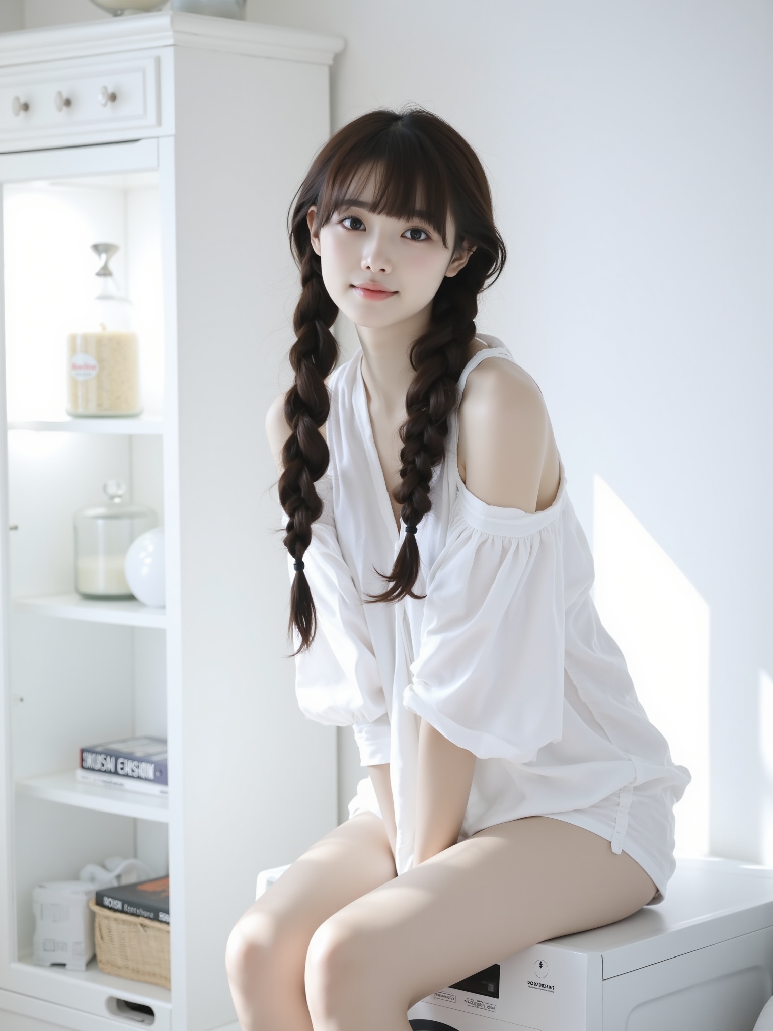 The image is a high-resolution photograph featuring a young woman with a slender physique and fair skin,likely of East Asian descent. She has long,dark brown hair styled in two thick braids,which fall over her shoulders. Her bangs are cut straight across her forehead. She is wearing a loose,white,off-the-shoulder blouse that is slightly unbuttoned,revealing her collarbone,and white shorts. She is seated on the lid of a washing machine,leaning forward with her arms resting on the machine's edge. Her expression is soft and relaxed,with a slight smile.,The background is a minimalist,modern kitchen. To the left,there is a white cabinet with glass doors and drawers,containing various kitchen items such as a glass jar and a cookbook. The room is well-lit,with natural light streaming in from the left,creating a bright,airy atmosphere. The overall aesthetic is clean and minimalistic,with a focus on simplicity and natural beauty. The image captures a moment of casual,everyday life in a serene,uncluttered environment.,<lora:YY-浅浅F.1:1>,