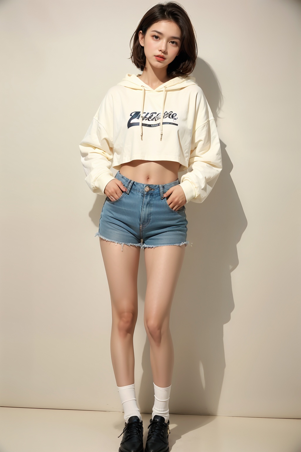 ss, hoodie, 1girl, solo, shorts, hood, navel, denim, hand on hip, midriff, full body, standing, socks, denim shorts, brown eyes, black footwear, looking at viewer, brown hair, shadow, long sleeves, shoes, black socks, short shorts, drawstring, hood down, crop top, lips, realistic, short hair, blue shorts, parted lips<lora:卫衣帽衫:0.7>,