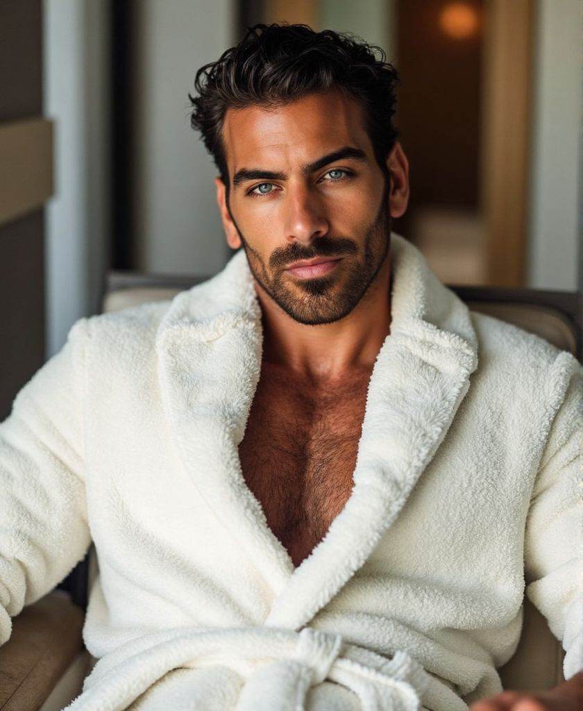 Nyle Dimarco ,  high-resolutiuon photograph,  wearing fitted fluffy white bathrobe. He is sitting on a chair in the spa ar...