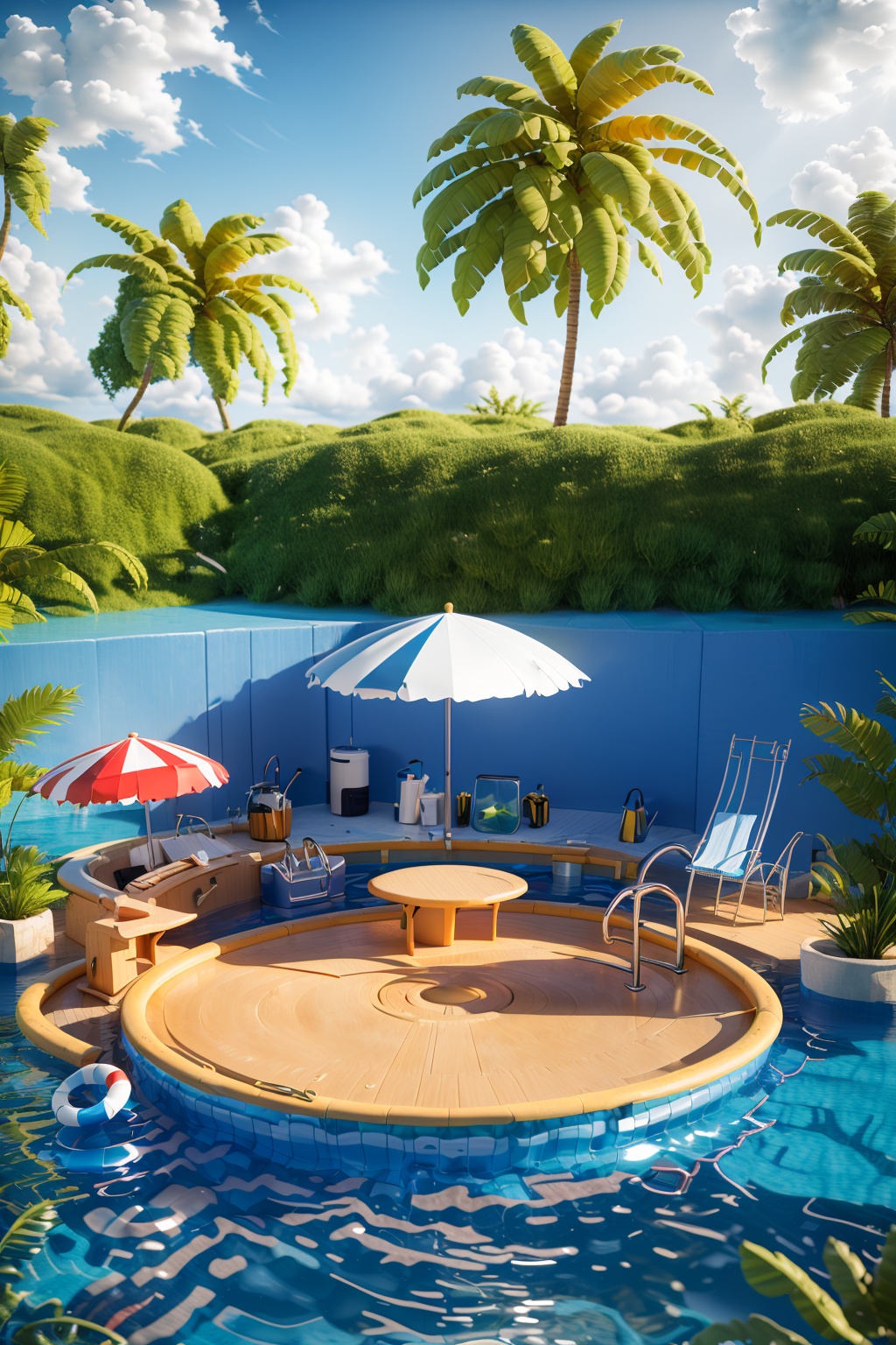 OC rendering,C4D,3D,product photography,still life,Coconut trees,a swimming pool filled with blue seawater,blue and white umbrellas and seats,and white and red swimming rings,