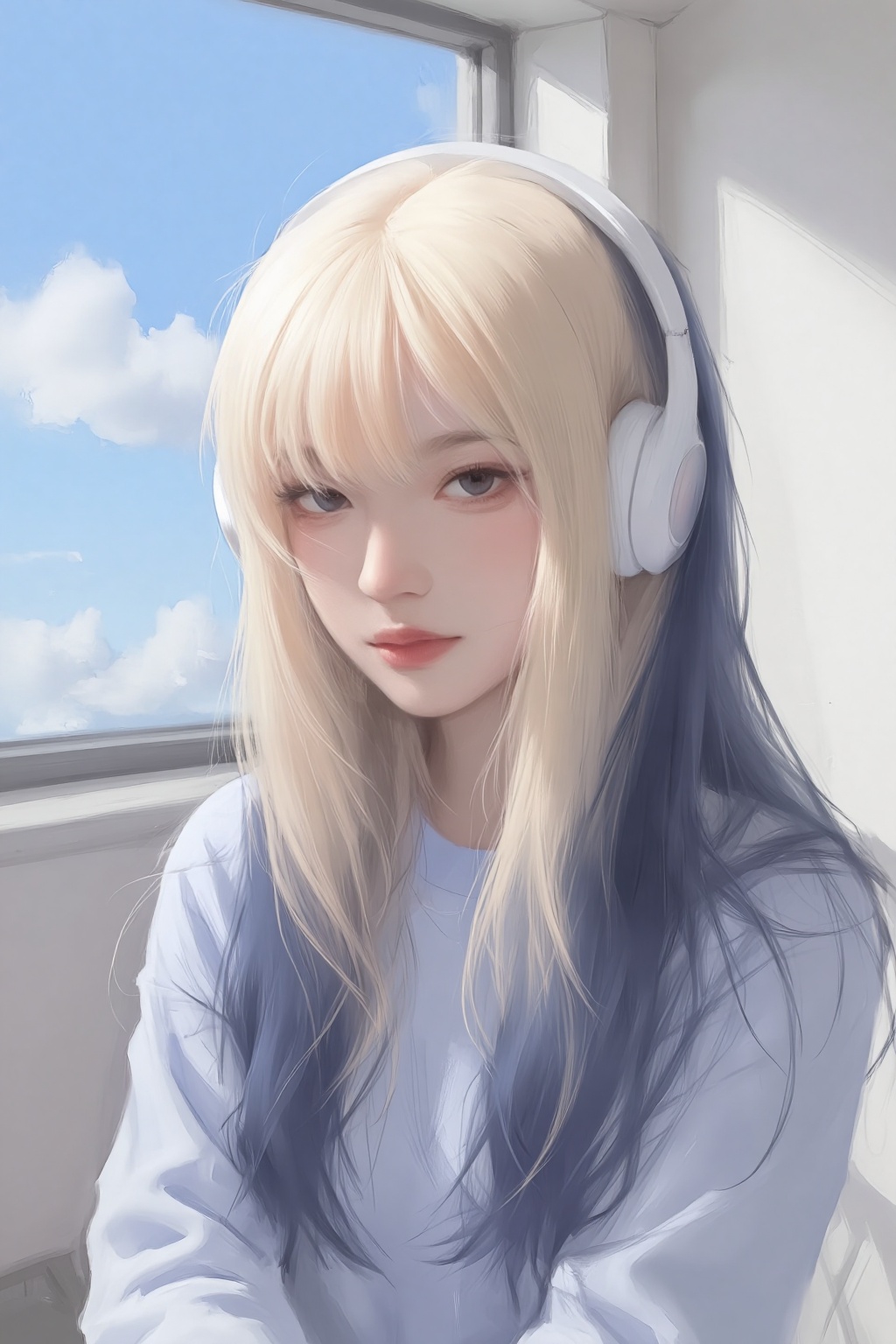 ZOZ_HEHUHU,The image depicts a young woman with long,flowing blonde hair that transitions from light to dark blue at the ends. She is wearing a light blue top and has a pair of white headphones around her neck. The background shows a large window with a view of a bright blue sky and a few fluffy clouds. The setting appears to be indoors,possibly near a window,with a hint of a white structure in the background. The overall atmosphere is serene and calm,with a focus on the natural light streaming through the window.,
