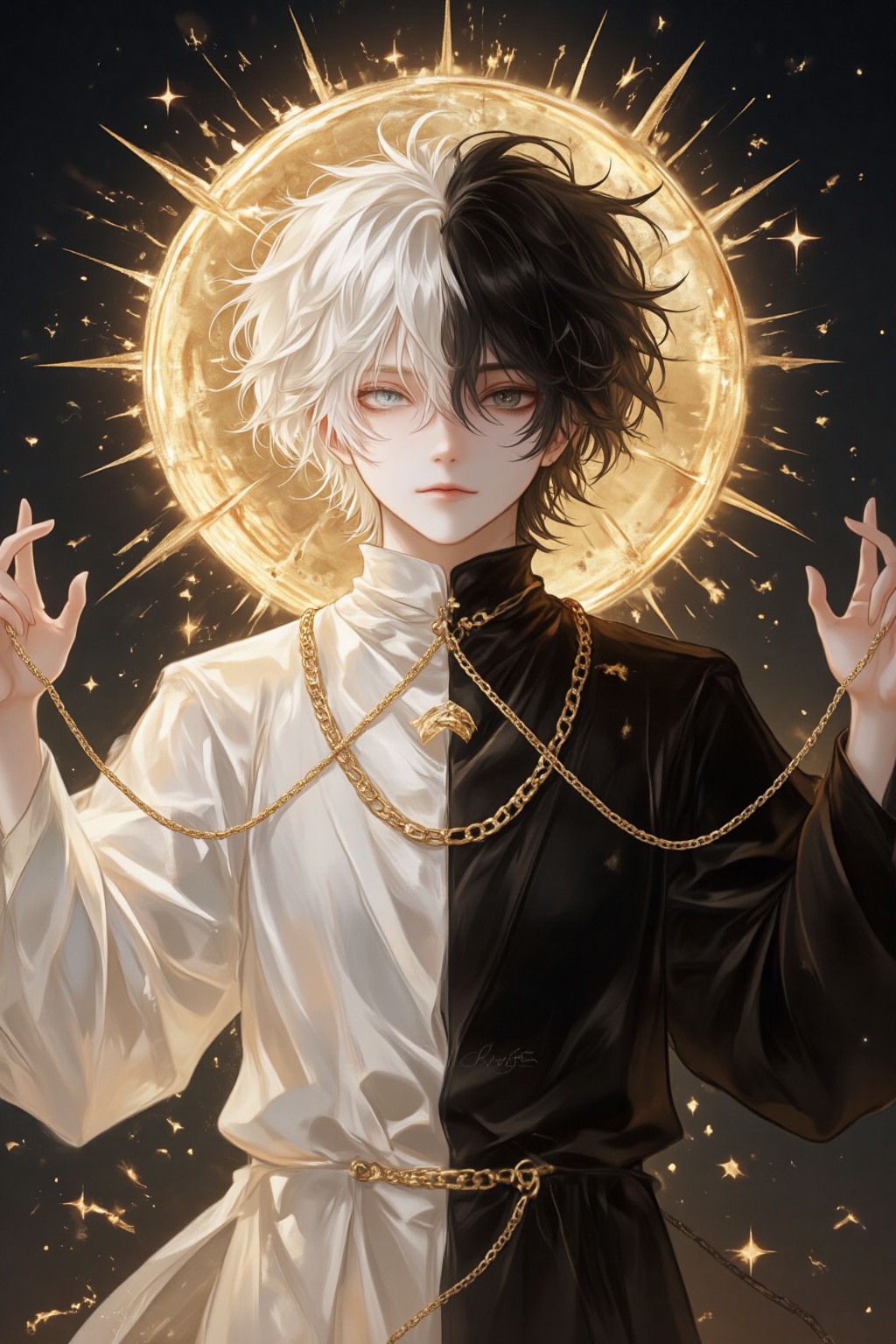 ZOZ_WEIMEIW,A digital painting of a young,androgynous figure with short,curly hair,half-white and half-black,standing against a radiant golden halo. The figure wears a flowing white robe on the left and a black robe on the right,adorned with gold chains. The background is dark with golden sparkles,creating a celestial,angelic atmosphere.,