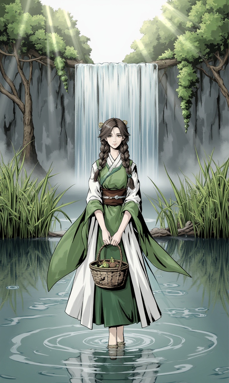 <lora:flux-lora-000010:1>,This is a digital painting in an anime style, depicting a serene, ethereal scene. The central figure is a young woman with fair skin and long, dark brown hair styled in a braid. She wears a traditional, flowing green and white kimono with wide sleeves, cinched at the waist with a dark brown obi. Her expression is calm and contemplative as she stands in shallow water, holding a woven basket. The background features a tranquil forest with tall, green grasses and a gently cascading waterfall that creates a misty atmosphere. Sunlight filters through the trees, casting a soft glow on the scene. The overall mood is peaceful and reflective, with a harmonious blend of natural elements and traditional attire.