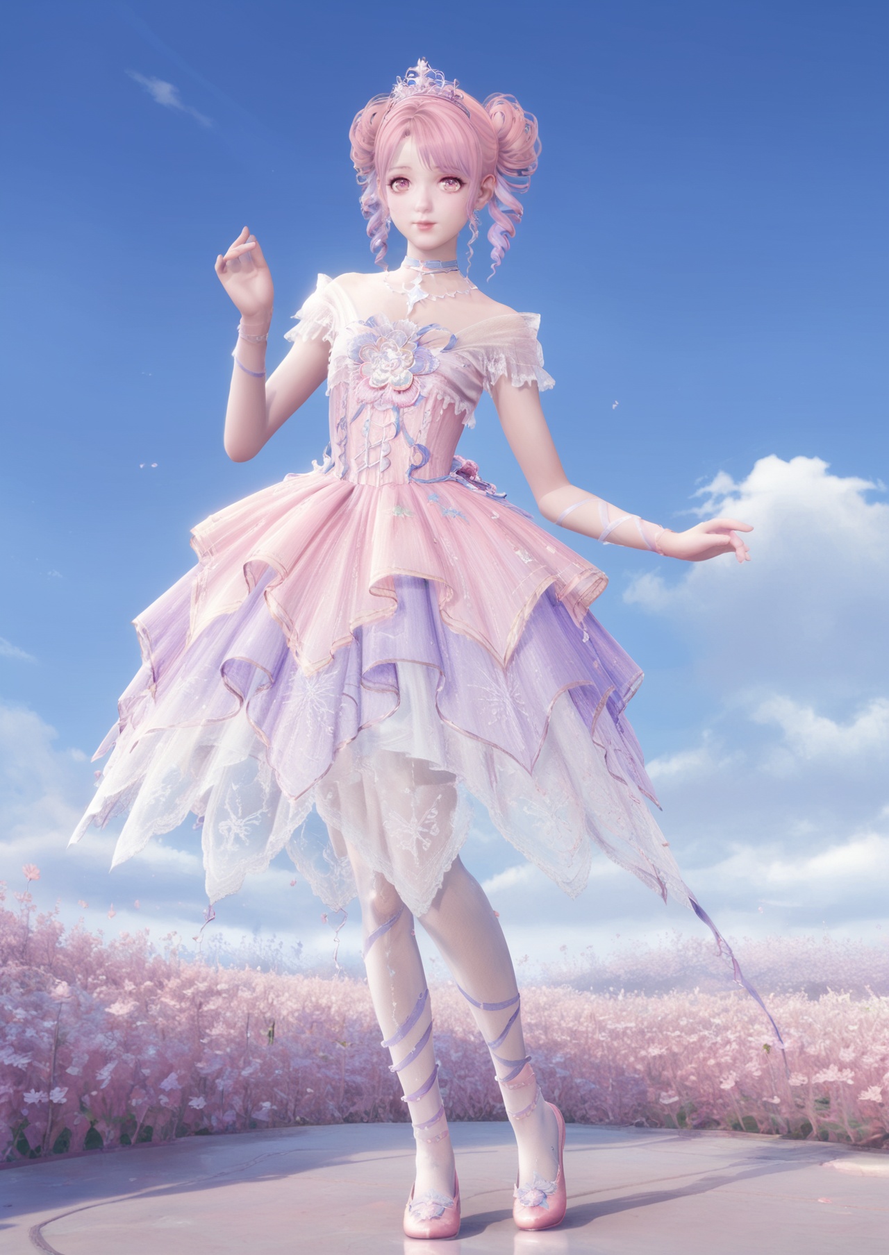 score_10,score_9,score_8_up,score_7_up,1girl,<lora:NikkiXYCM_PonyV1-000004:0.5>,NikkiXYCM,solo,dress,jewelry,standing,pantyhose,choker,tiara,pink hair,pink eyes,full body,drill hair,hair bun,white pantyhose,ballet slippers,double bun,multicolored hair,ballerina,in summer,day,nature,flower field,outdoors,sky,Cirrocumulus,looking at viewer,
