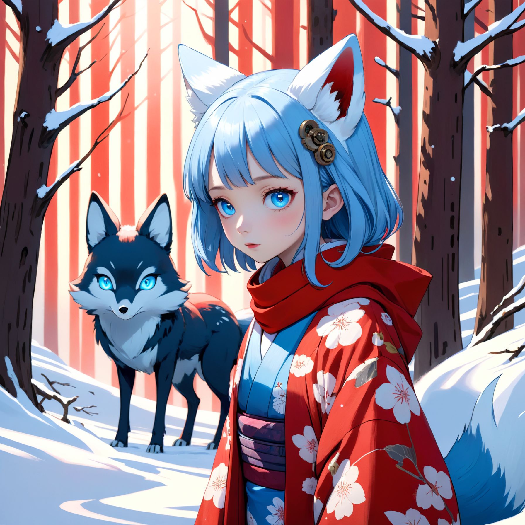 Illustration of a young girl with pale blue hair,  wearing a traditional Japanese kimono and a red scarf,  standing in a s...
