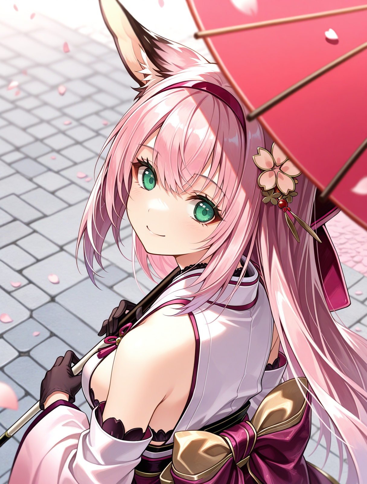 <lora:hanazuki_IL_v1.0:1>,hanazuki \(azur lane\),holding oil-paper umbrella,close-up,looking back,from above,smile,stone walkway,depth of field,out of frame,solo,upper body,falling petals,hair ornament,, masterpiece,best quality,