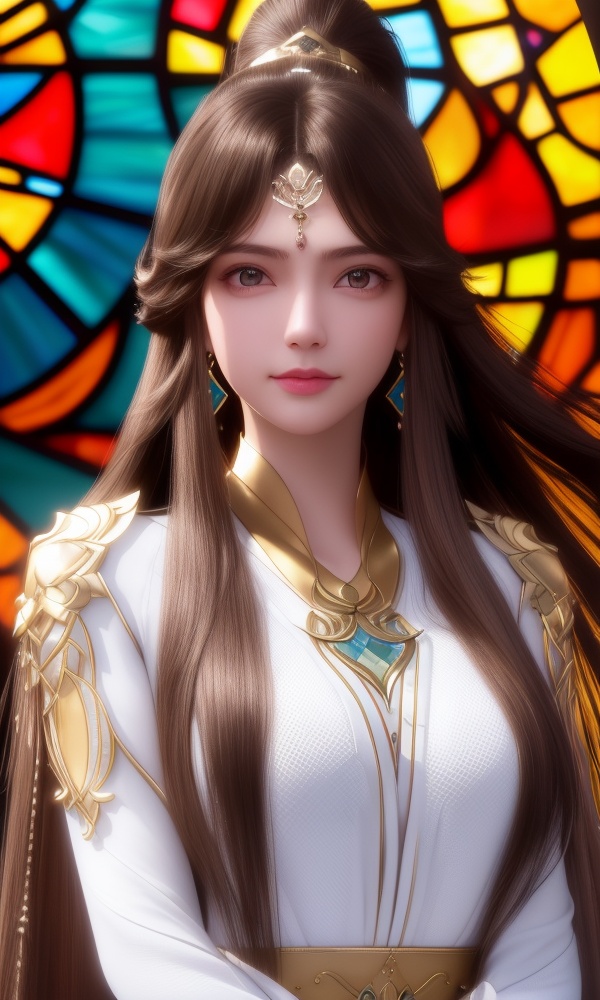 (,1girl, ,best quality, ),looking at viewer, <lora:373-DA-仙逆-周紫虹:0.8> ,,ultra detailed background,ultra detailed background,ultra realistic 8k cg,,, (close-up portrait),(upper body:1.22),(realistic:1.11),(Photo-referencing),HDR,Studio Lighting,Soft Lighting, ,, a slender petite little girl,Delicate muscle lines,(Skinny body),(solo:1.5),( looking at viewer:1.22),The white shiny skin, (smirk:1.2),(dynamic pose),(arms behind back),arms at sides, (very long payot),(Absurdly long Brown straight hair:1.22),parted bangs, (floating hair), (jewelry:1.17), necklace, earrings,(colorful:1.27),(stained glass background),(),(()),,