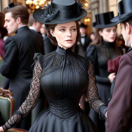 masterpiece,  uhd,  sharp color photo of a beautiful woman wearing a high-neck layered black dress on Tensor.Art
