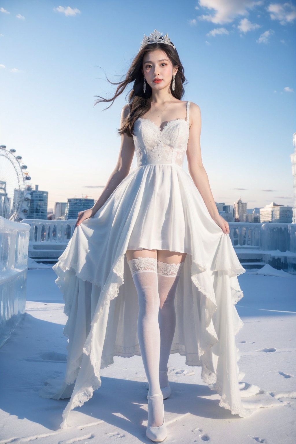 wearing a white dress,a girl wearing a wedding dress,white dress,ice and snow crown,high end long tail wedding dress,long legs,(white stockings:1.2),sky,cloud,ice castle,ferris wheel,looking_at_viewer,standing,<lora:Ice and Snow World_20231223195220-000010:0.7>,nikon lens,ice steps,1girl,solo,earrings,long hair,jewelry,realistic,brown hair,brown eyes,snowflakes,drifting snowflakes,