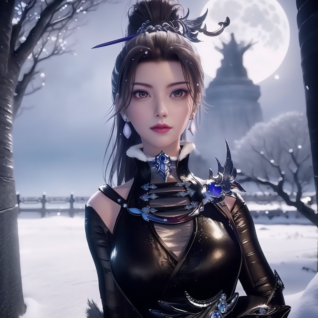 <lora:万界至尊-李雪衣-皮衣:0.8>, (,1girl, ,best quality, ),looking at viewer,  picture-perfect face,   clean, masterpiece,     cinematic lighting, cinematic bloom, fantasy,  , unreal, science fiction, ((,1girl, pov,))(((,tree, 1girl, full moon,snowing,snow ,solo,     solo focus,  long_hair, looking_at_viewer,  )))  (rich:1.4,)     prestige, luxury, jewelry, diamond, gold, pearl, gem, sapphire, ruby, emerald, intricate detail, delicate pattern, charming, alluring, seductive, erotic, enchanting, hair ornament, necklace, earrings, bracelet, ,(sit),