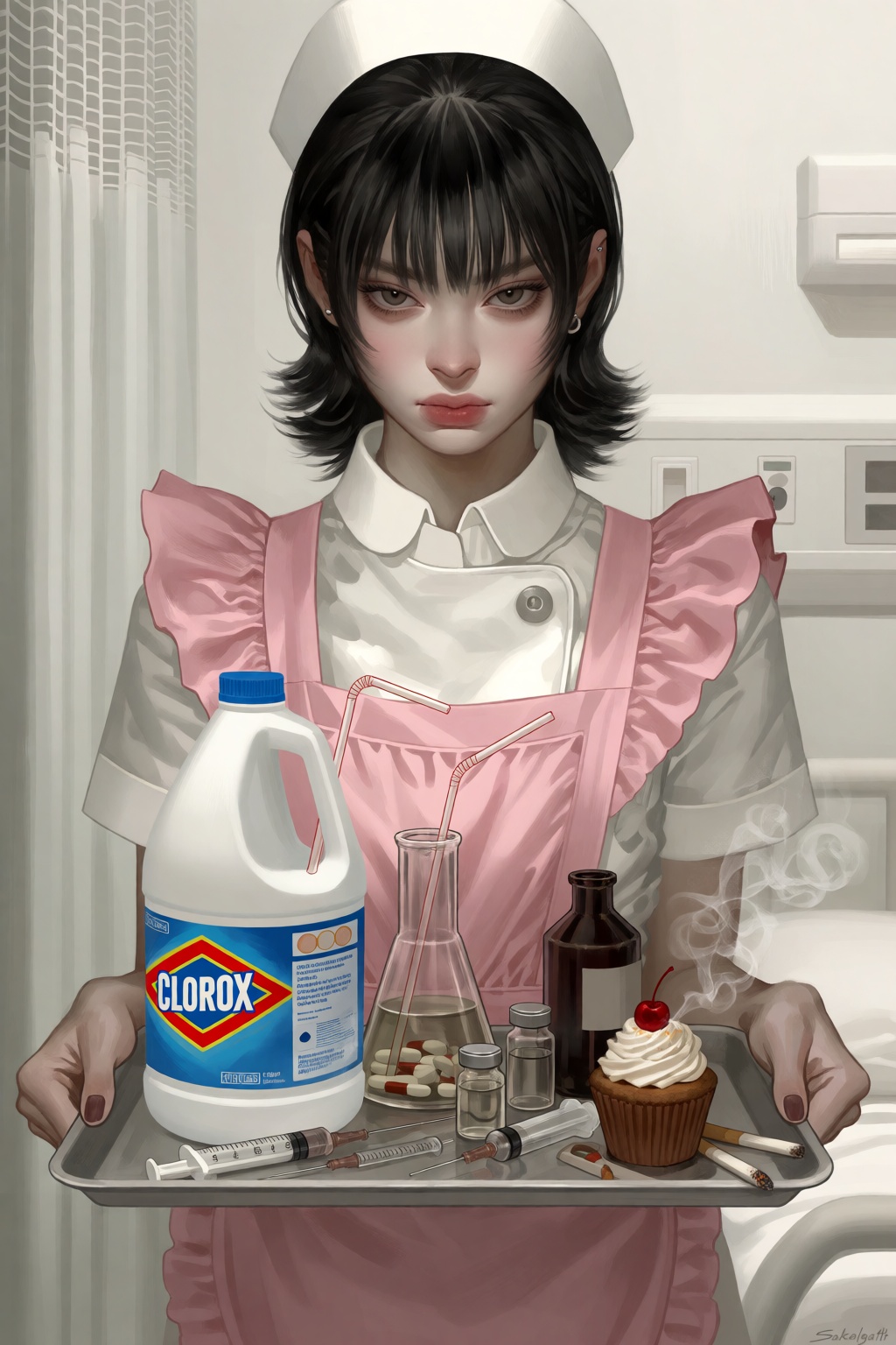 An eye-level medium shot with a muted,  cool pastel tone depicting a black-haired woman with straight bangs,  a bob haircu...